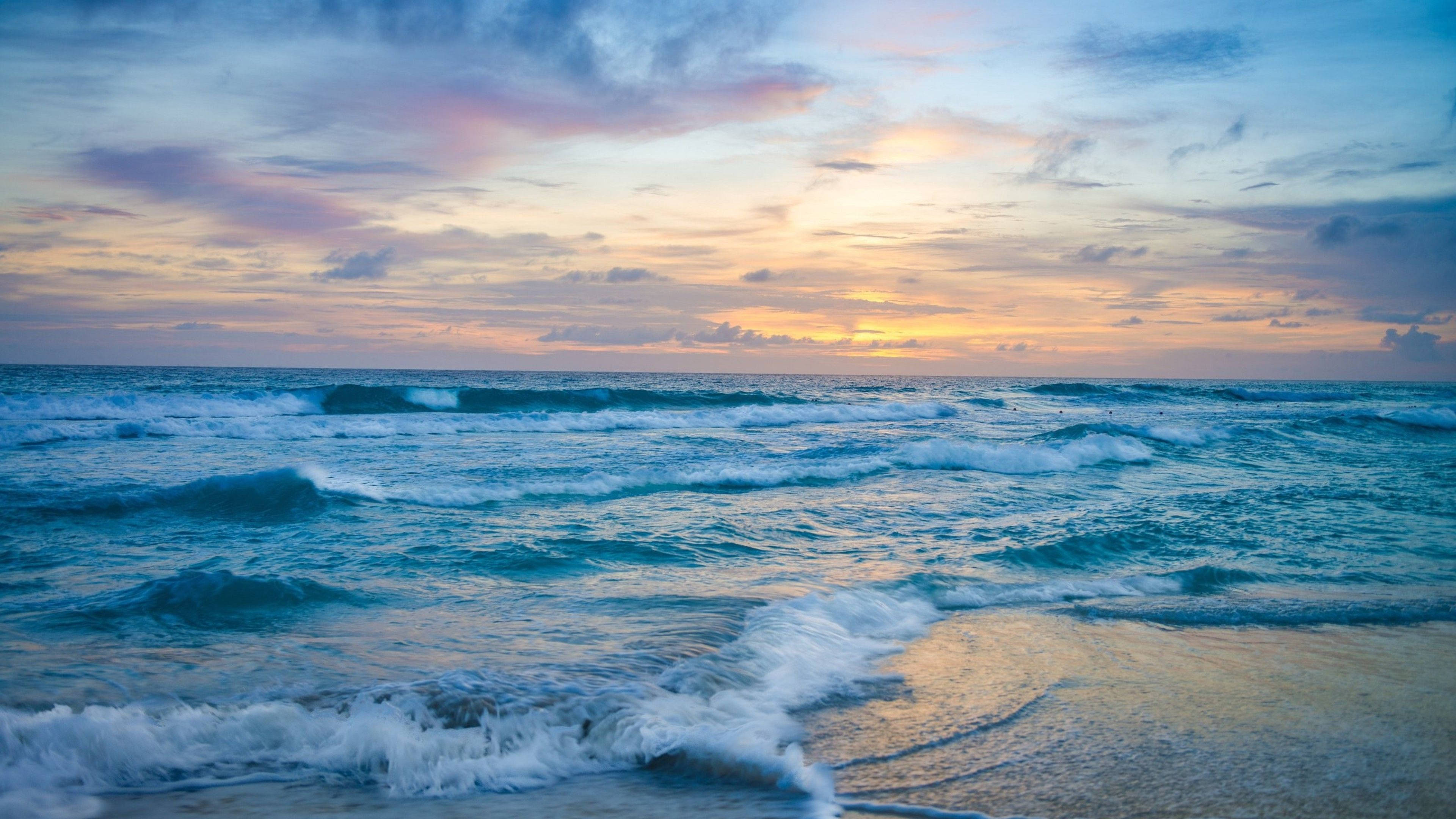 Pale Blue Sunset Ocean, sunset, pink gold, 4K Desktop Wallpaper