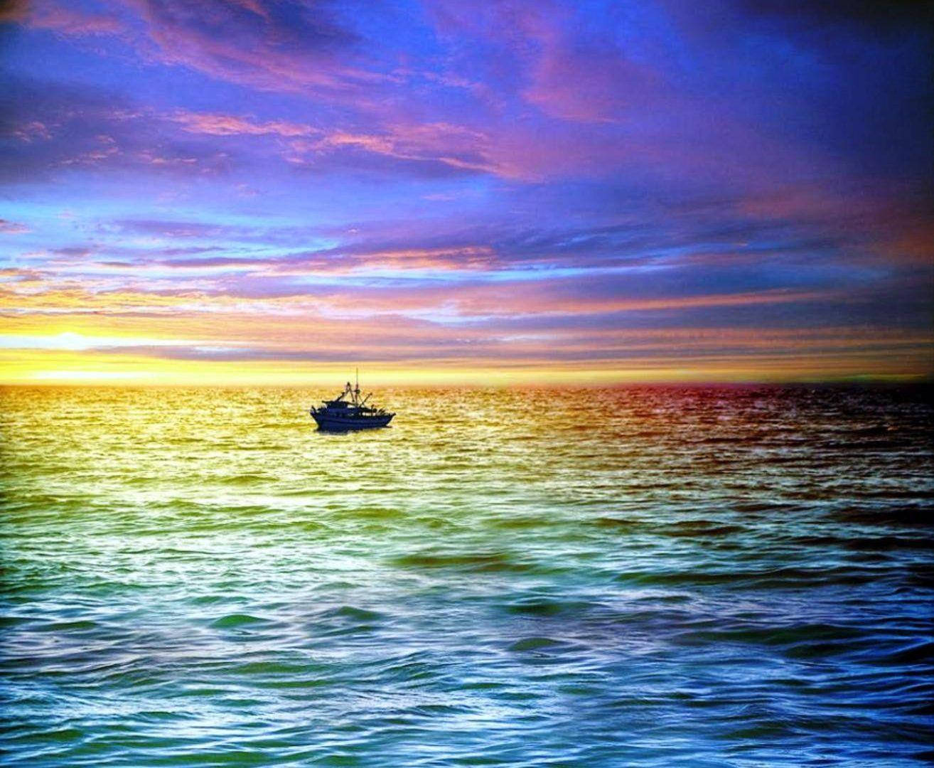 multicolored sunset ocean, fishing boat, vibrant ocean, HD Desktop Wallpaper