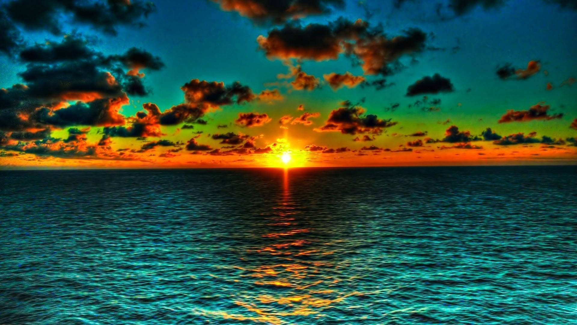 Ocean Sunset, fiery orange sun, golden reflections, Full HD Desktop Wallpaper