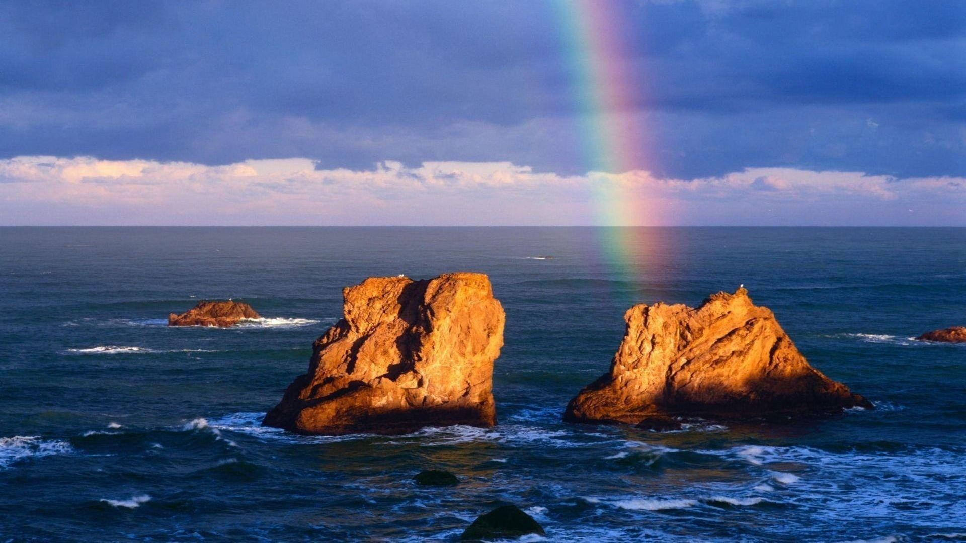 Sunset Ocean, rainbow, rugged sea stacks, Full HD Desktop Wallpaper