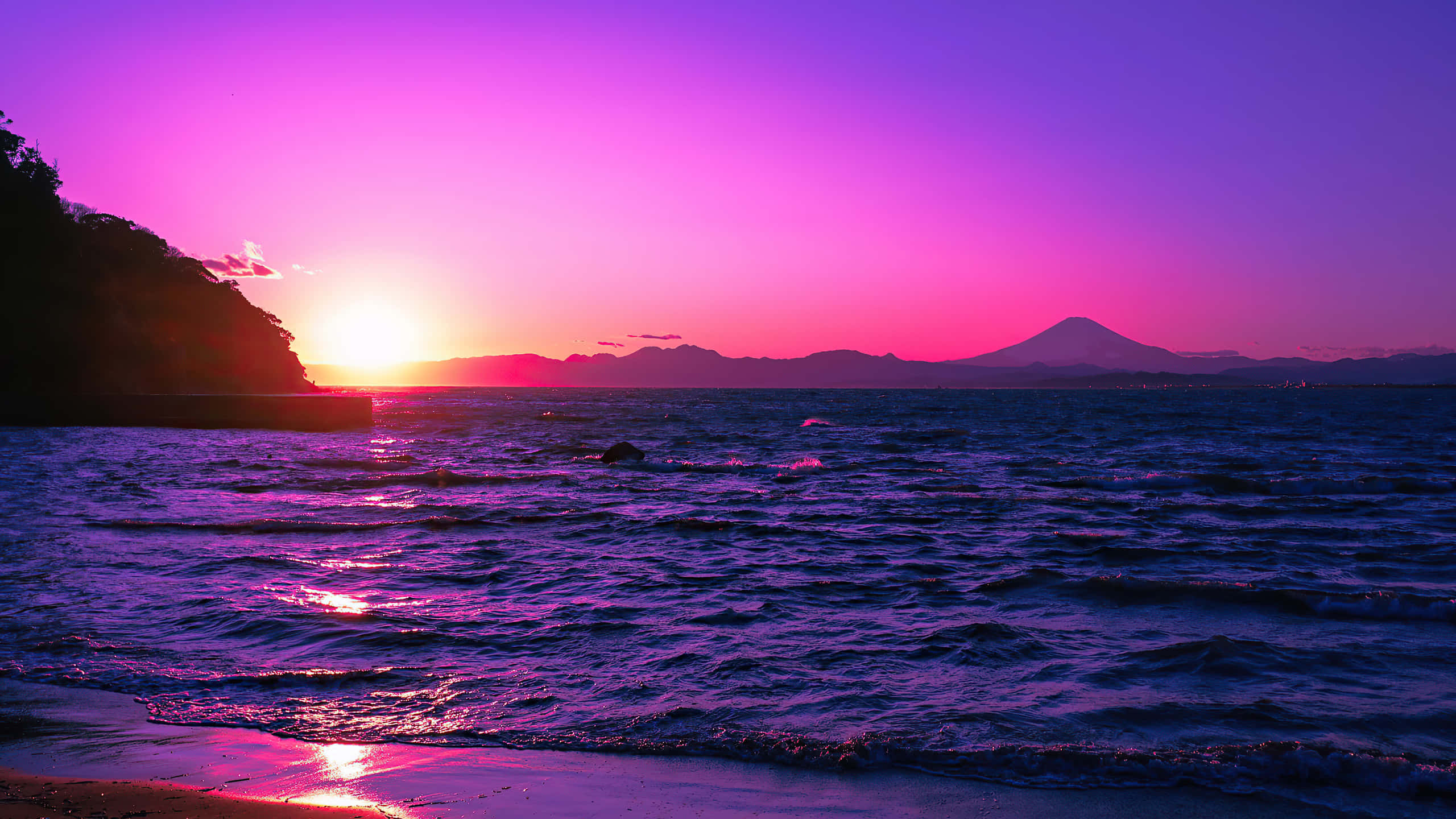 vibrant purple and pink sunset, choppy sea, distant mountain silhouette, 2K Desktop Wallpaper