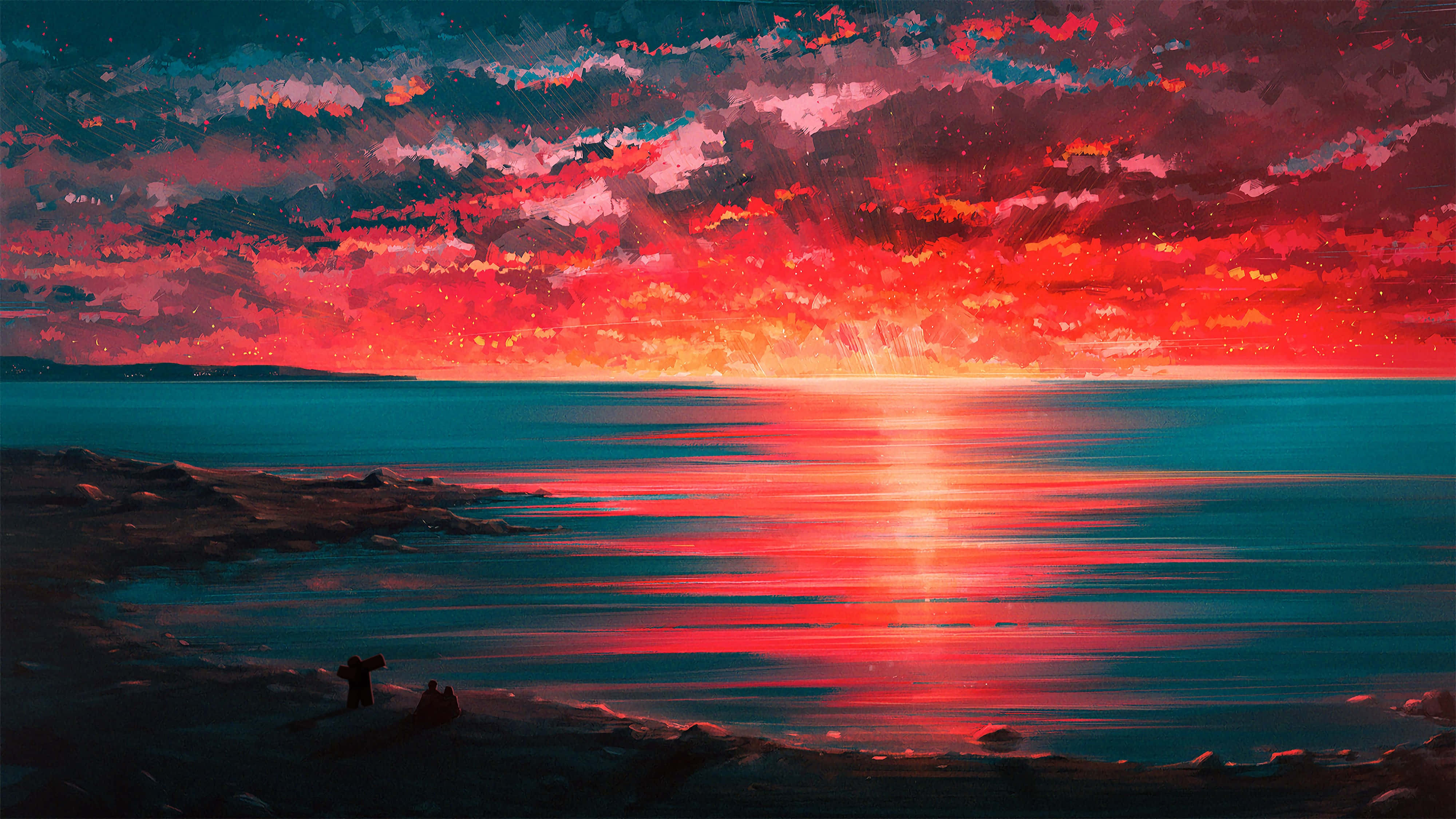 Beach Sunset 4K Painting, fiery red, teal, 4K Desktop Wallpaper