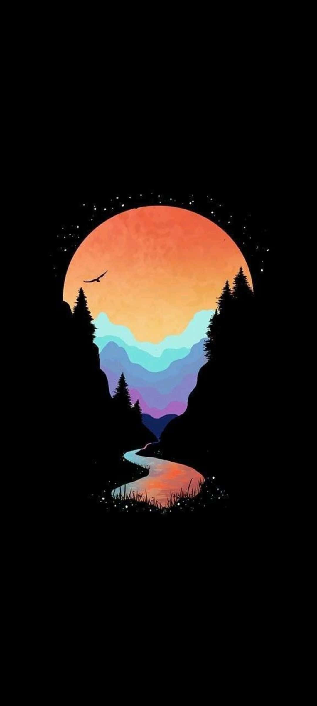 sunset, mountain silhouette, glowing orange sun, Full HD Phone Wallpaper