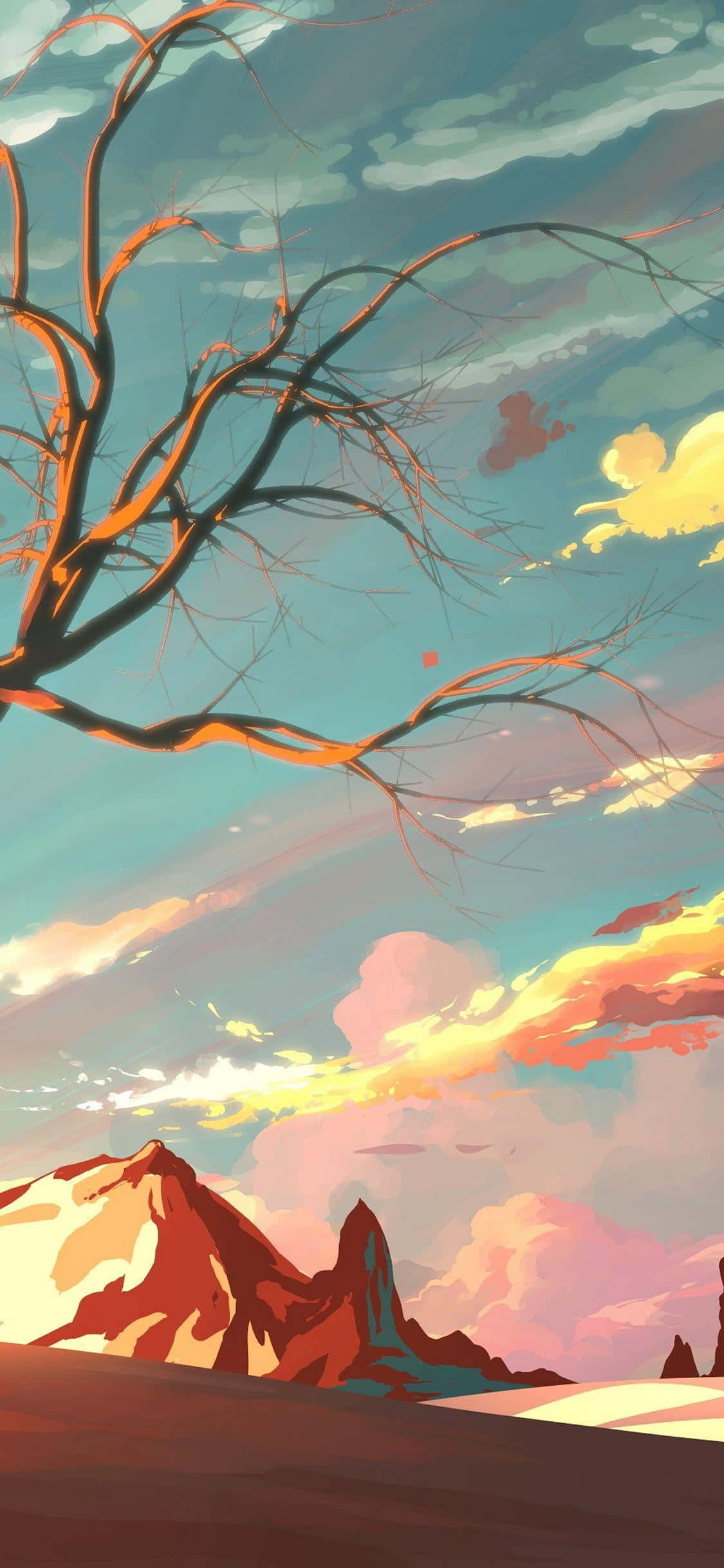 sunset silhouette mountain art, orange branches, mountain range, Full HD Phone Wallpaper
