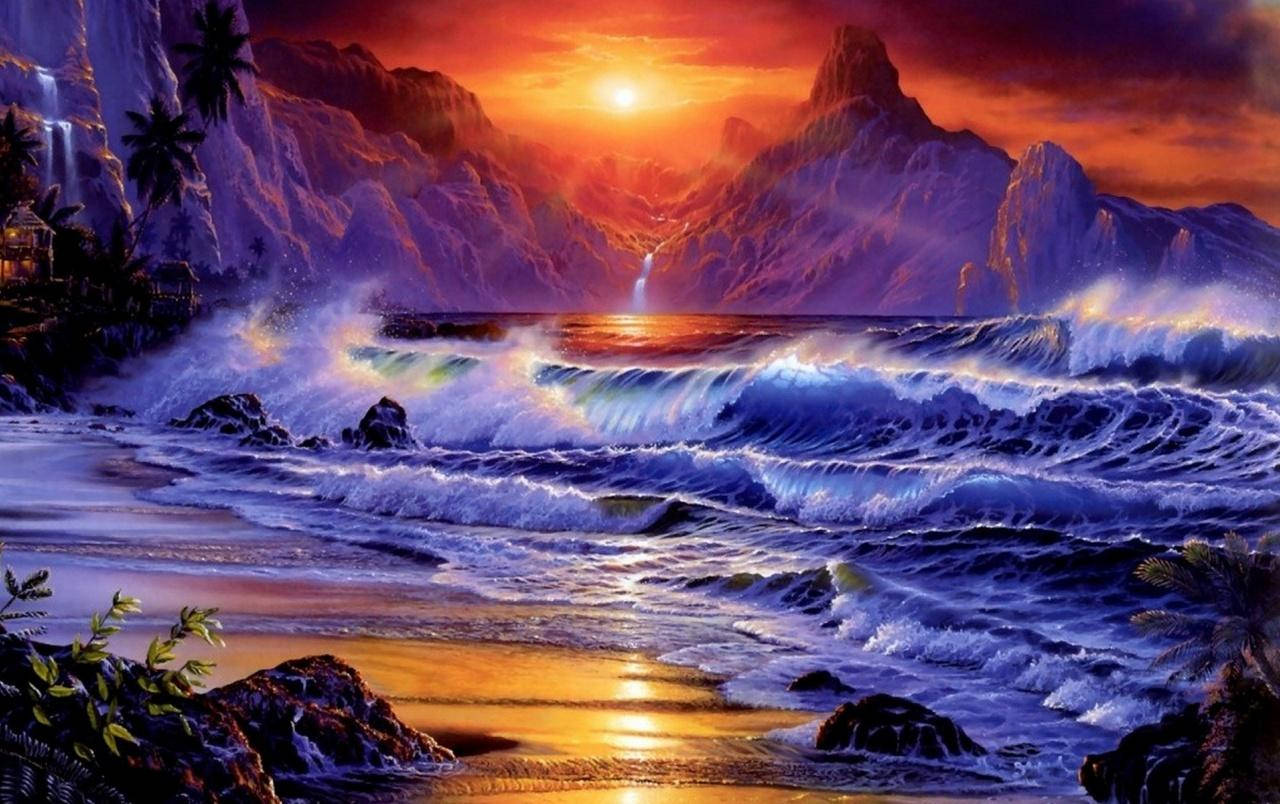 Beach Sunset Painting, stormy ocean, crashing waves, HD Desktop Wallpaper