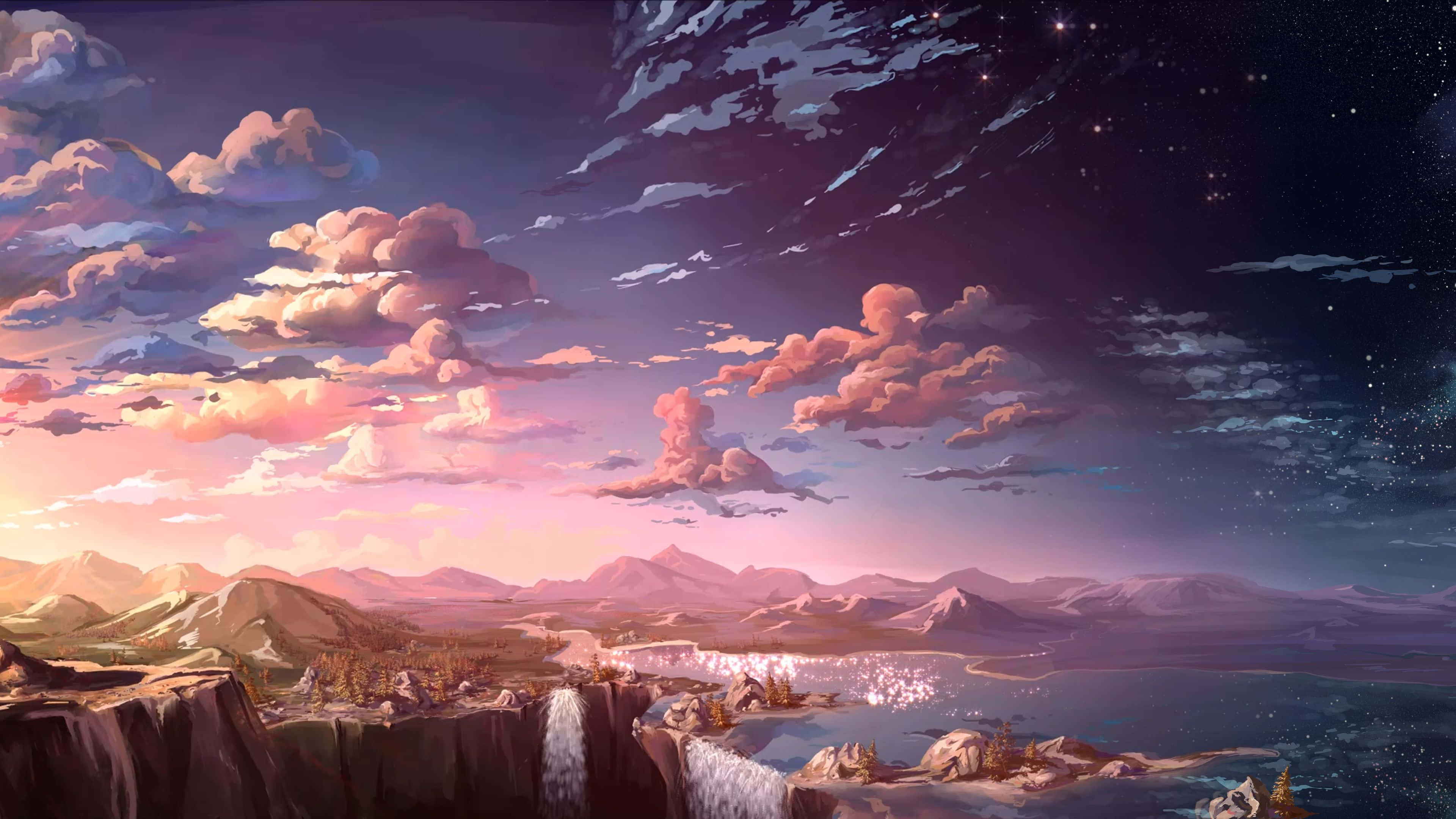 sunset painting, pink clouds, snow-capped mountains, 4K Desktop Wallpaper
