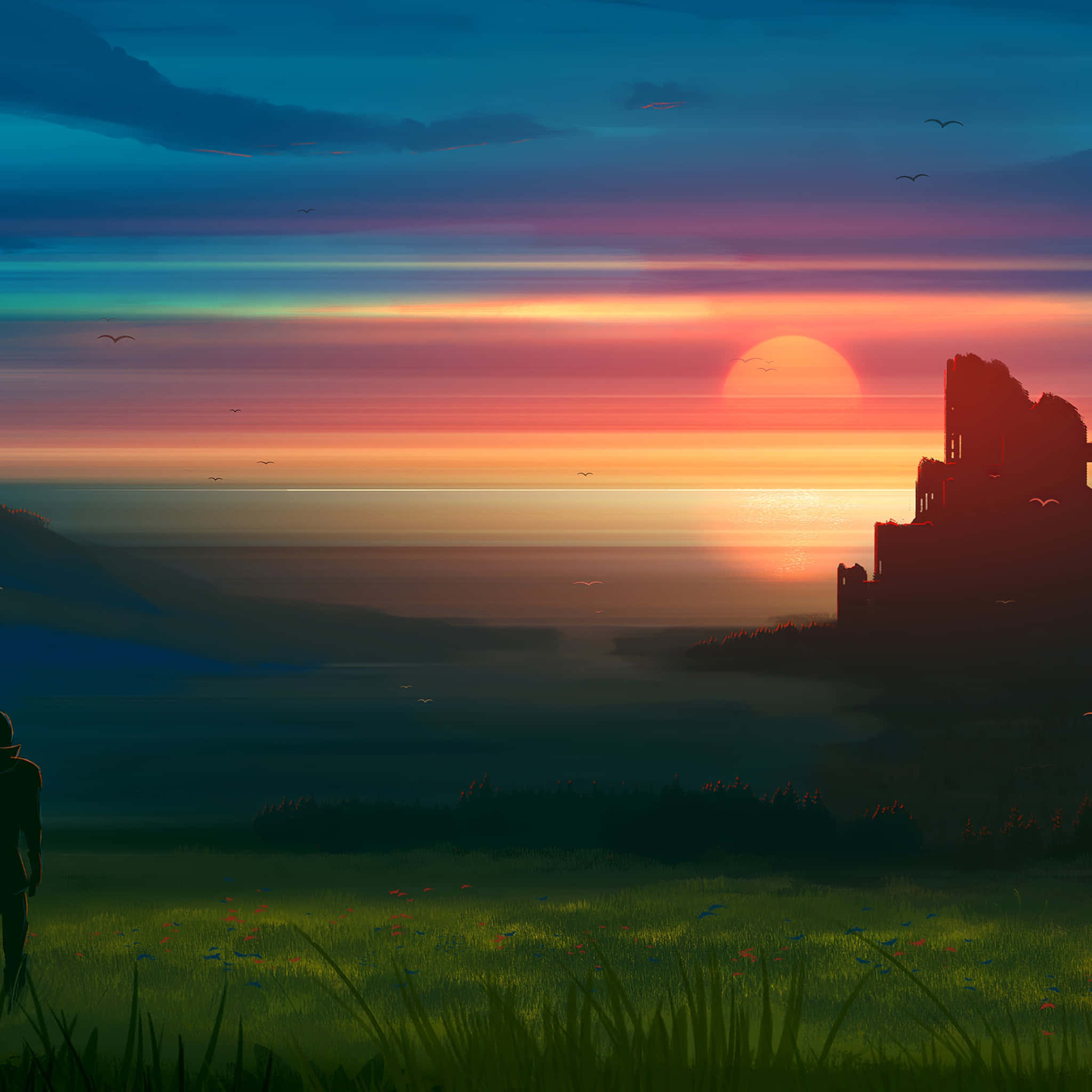 vibrant sunset, twilight colors, grassy field, Full HD Desktop Wallpaper