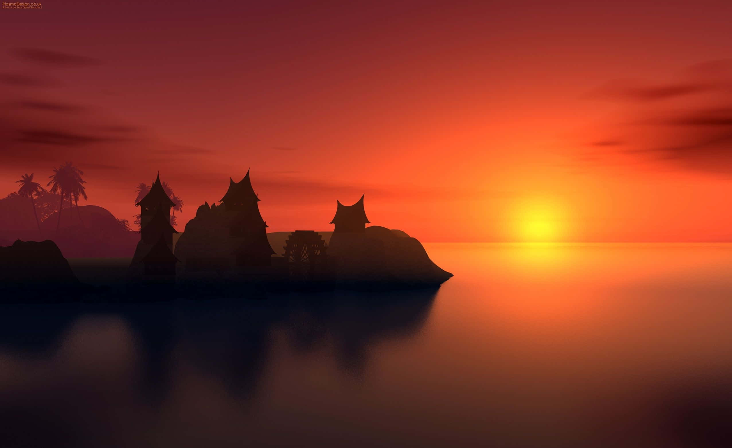 breathtaking sunset canvas, temple complex, rocky island, Full HD Desktop Wallpaper