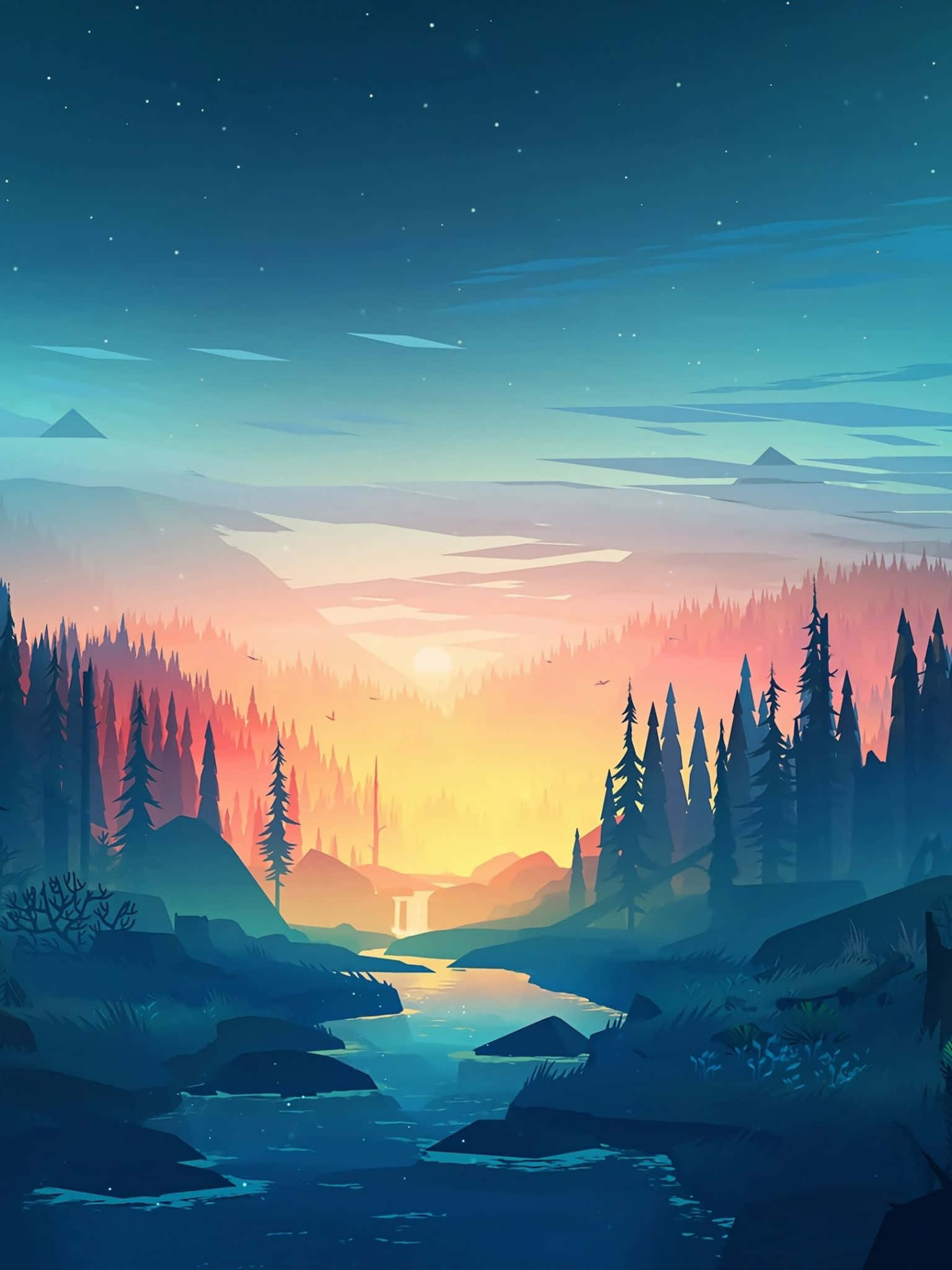 Sunset Painting, twilight landscape, river, Full HD Phone Wallpaper