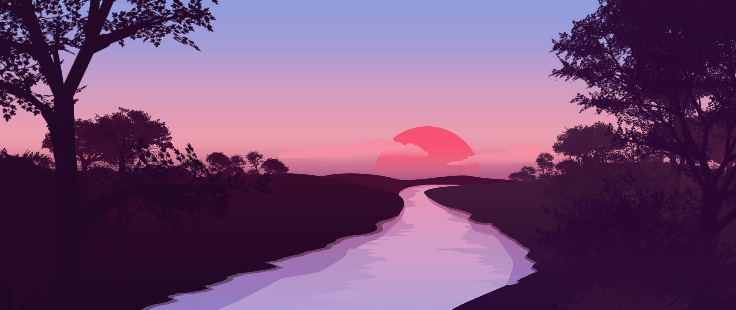 Sunset Painting, pink sunset, winding river, 2K Desktop Wallpaper