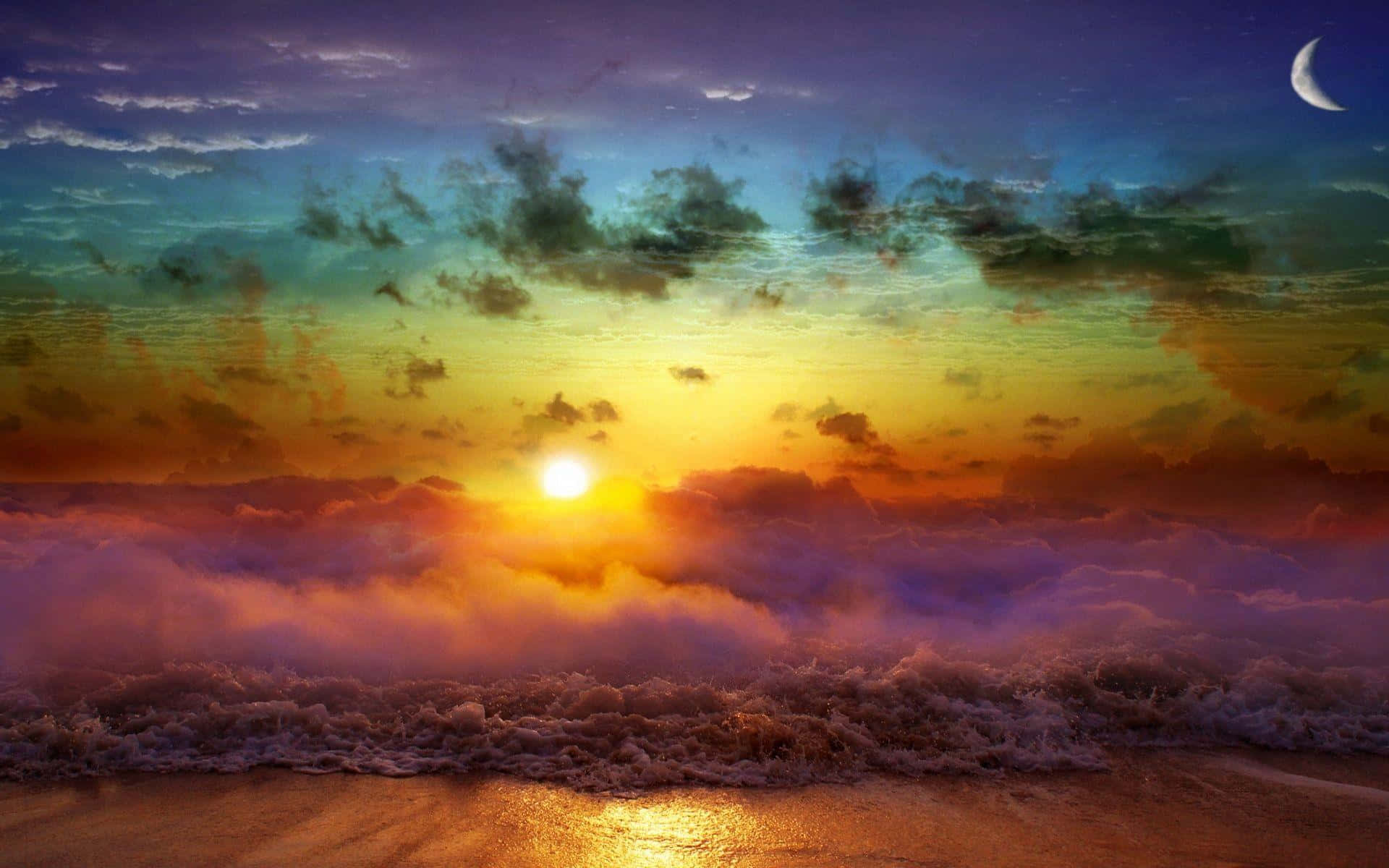 sunset painting, glowing sun, rainbow clouds, Full HD Desktop Wallpaper