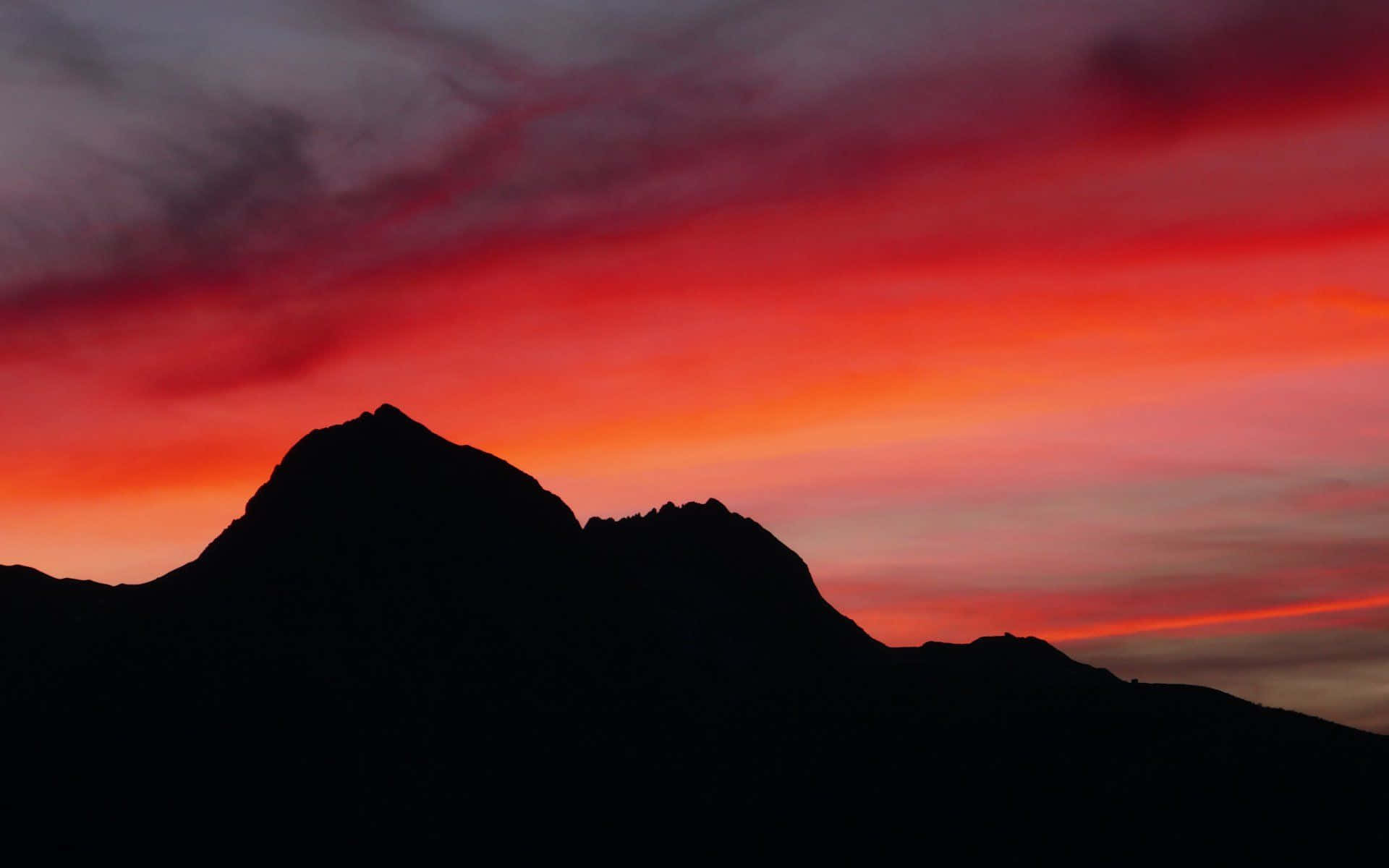red sunset, fiery red orange sunset sky, jagged mountain silhouette, Full HD Desktop Wallpaper