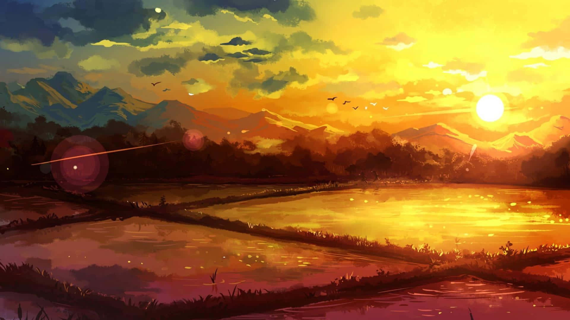 Sunset Painting, golden sunset, rice paddies, Full HD Desktop Wallpaper