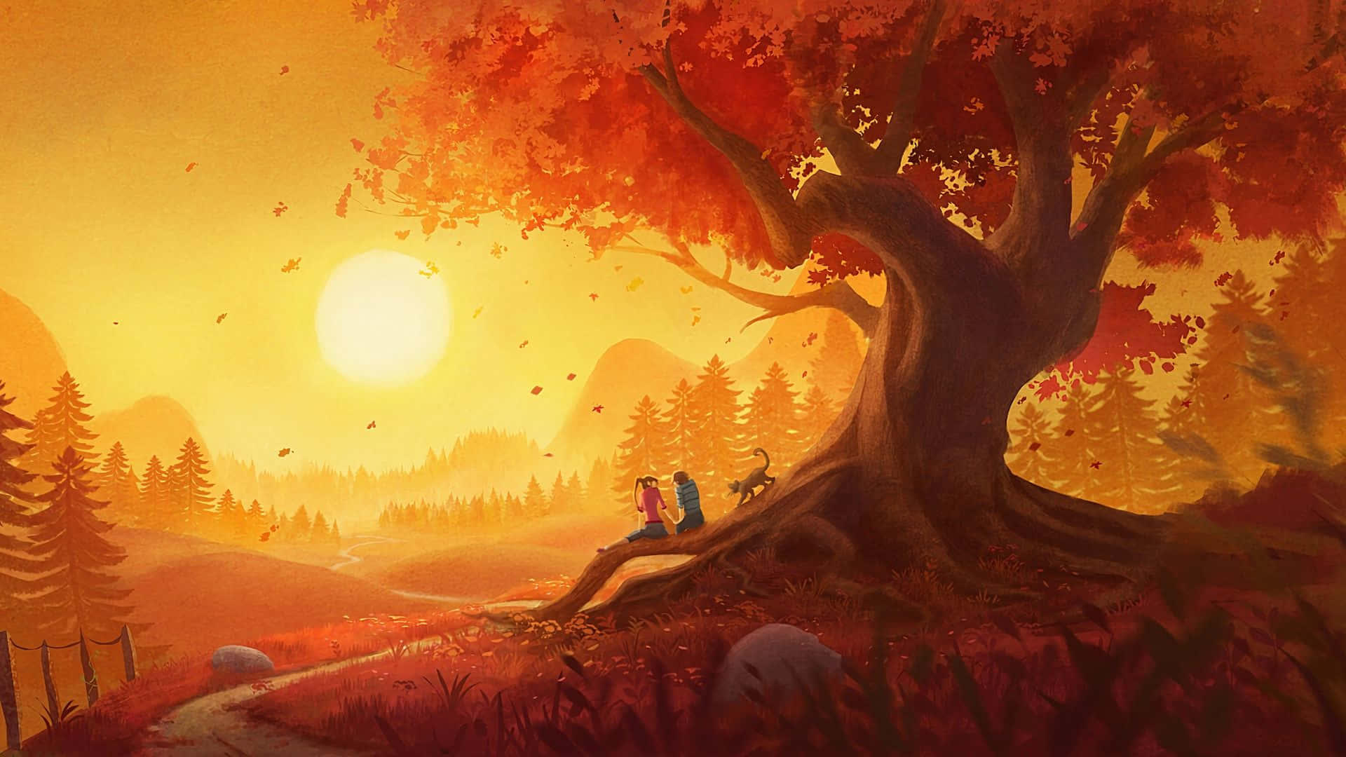 Sunset Painting, autumn leaves, glowing sun, Full HD Desktop Wallpaper