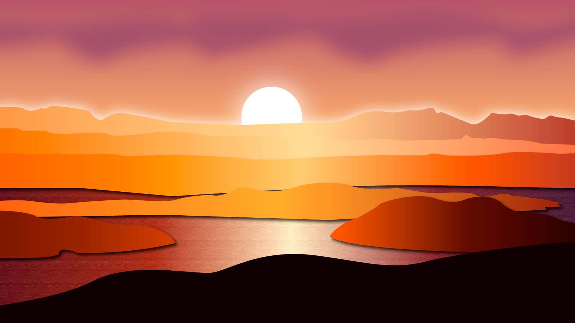 Sunset Painting, serene waters, layered mountains, Full HD Desktop Wallpaper