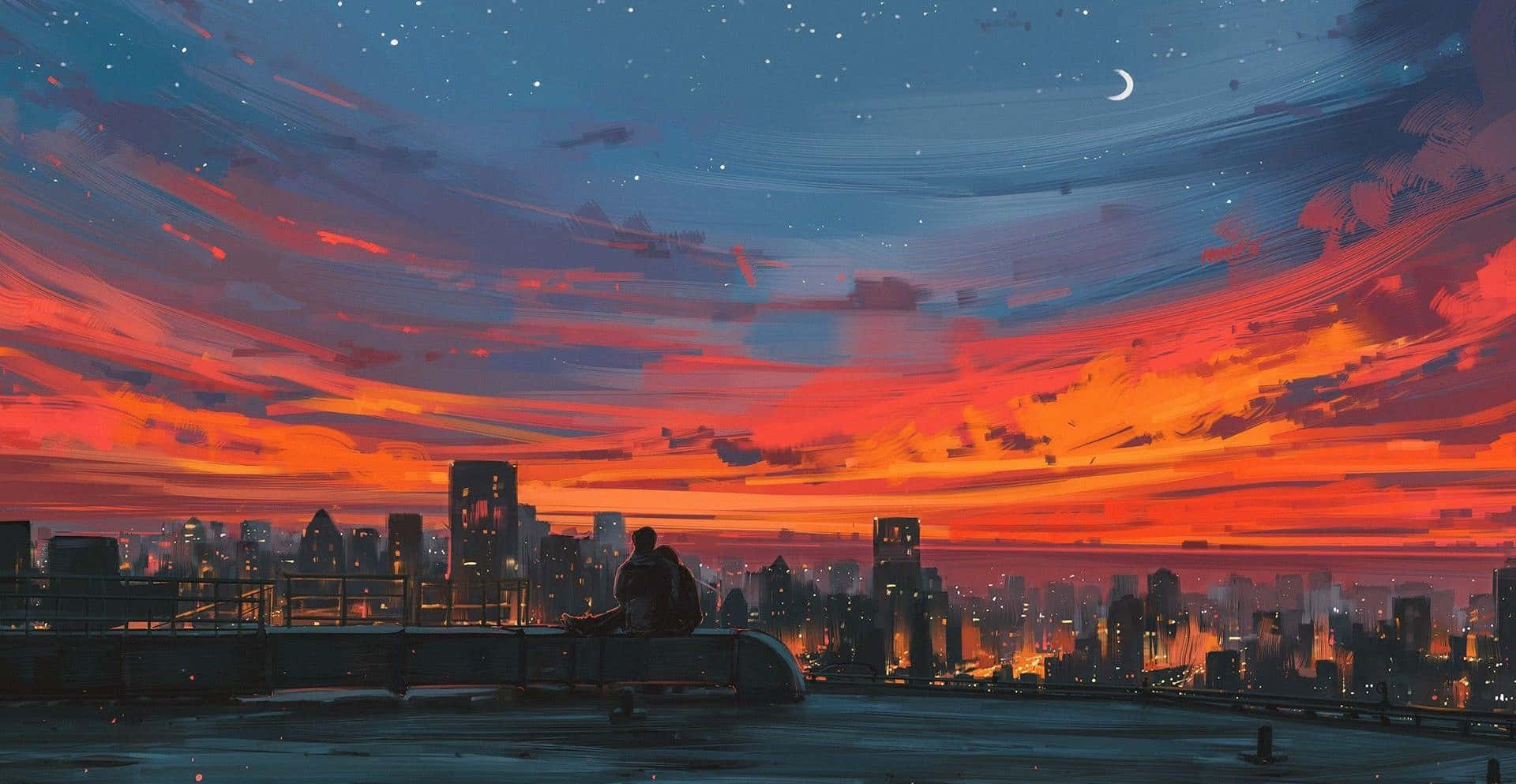Sunset Painting, rooftop, city skyline, Full HD Desktop Wallpaper