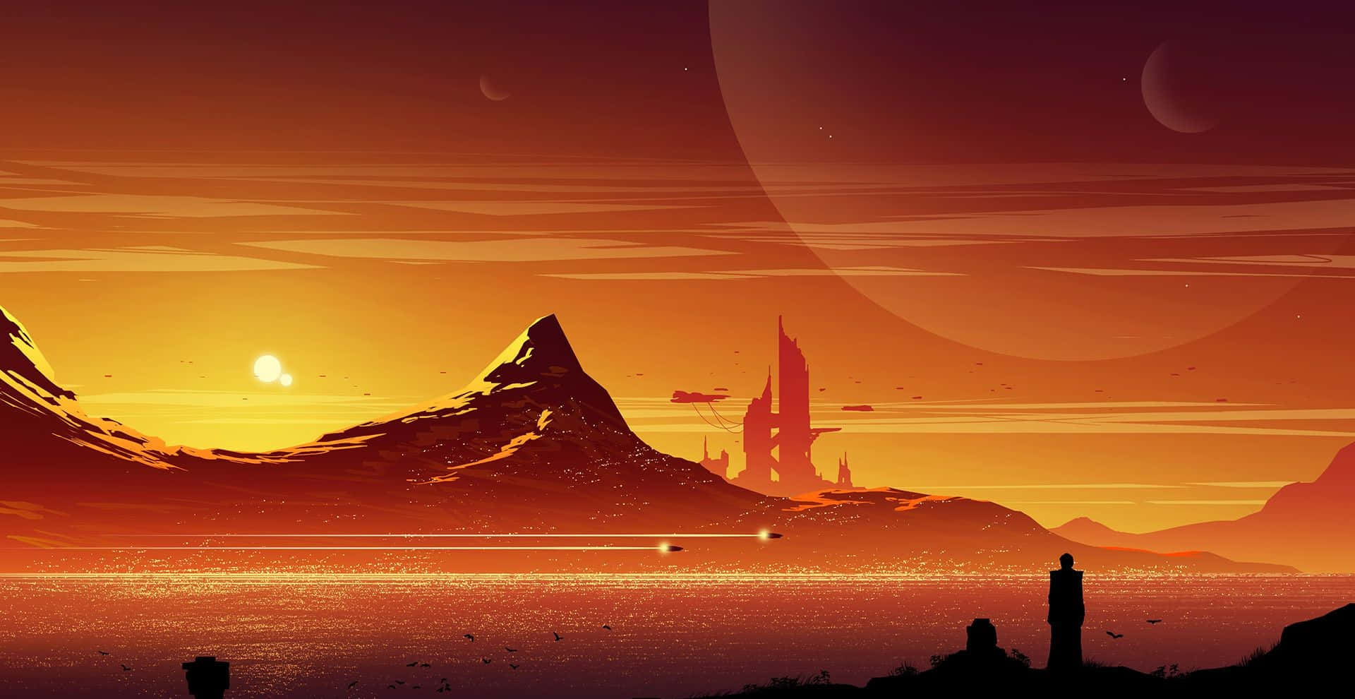 Sunset Painting, futuristic cityscape, alien planet, Full HD Desktop Wallpaper