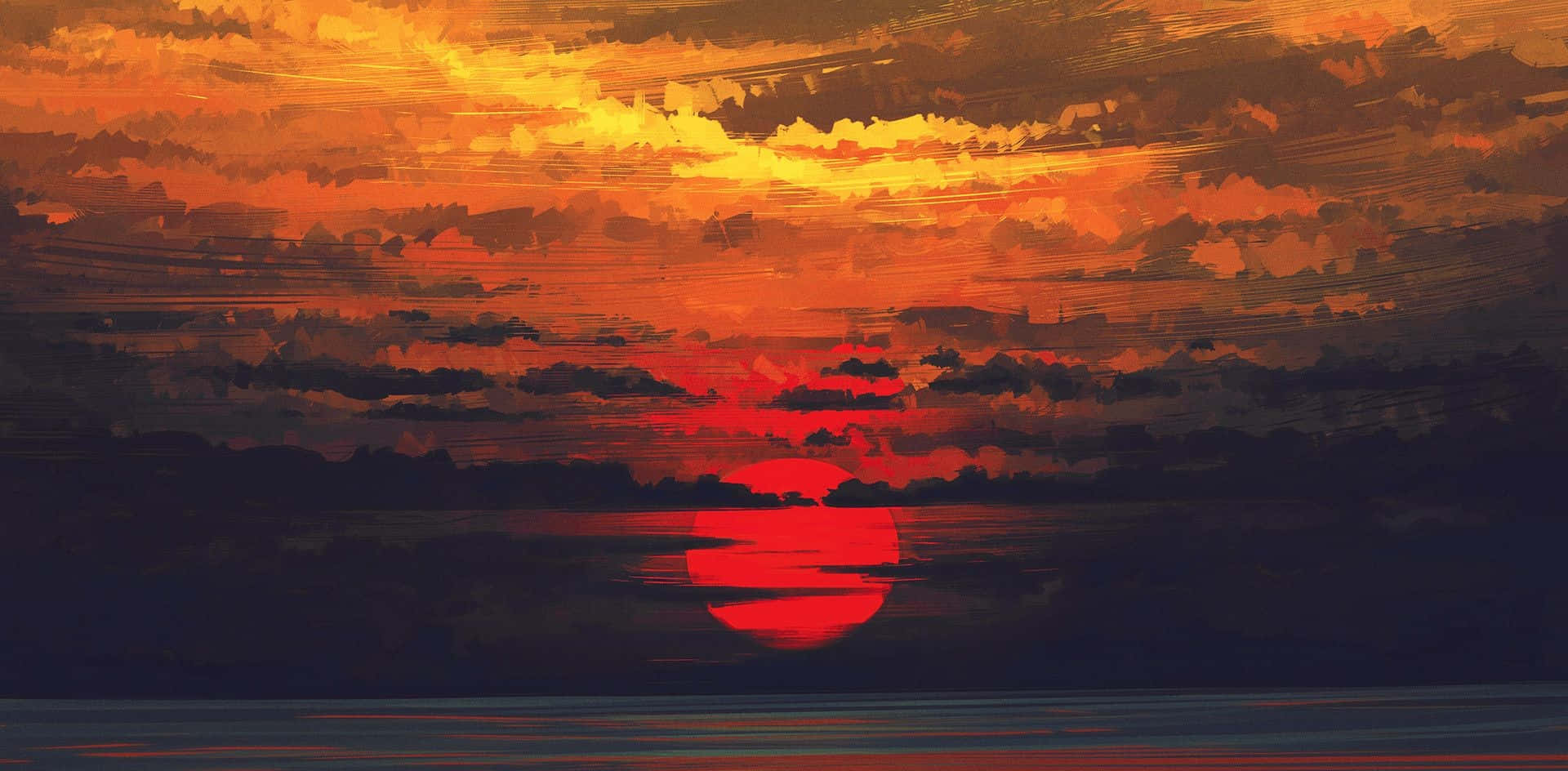 Sunset Painting, fiery red sun, dark horizon, Full HD Desktop Wallpaper