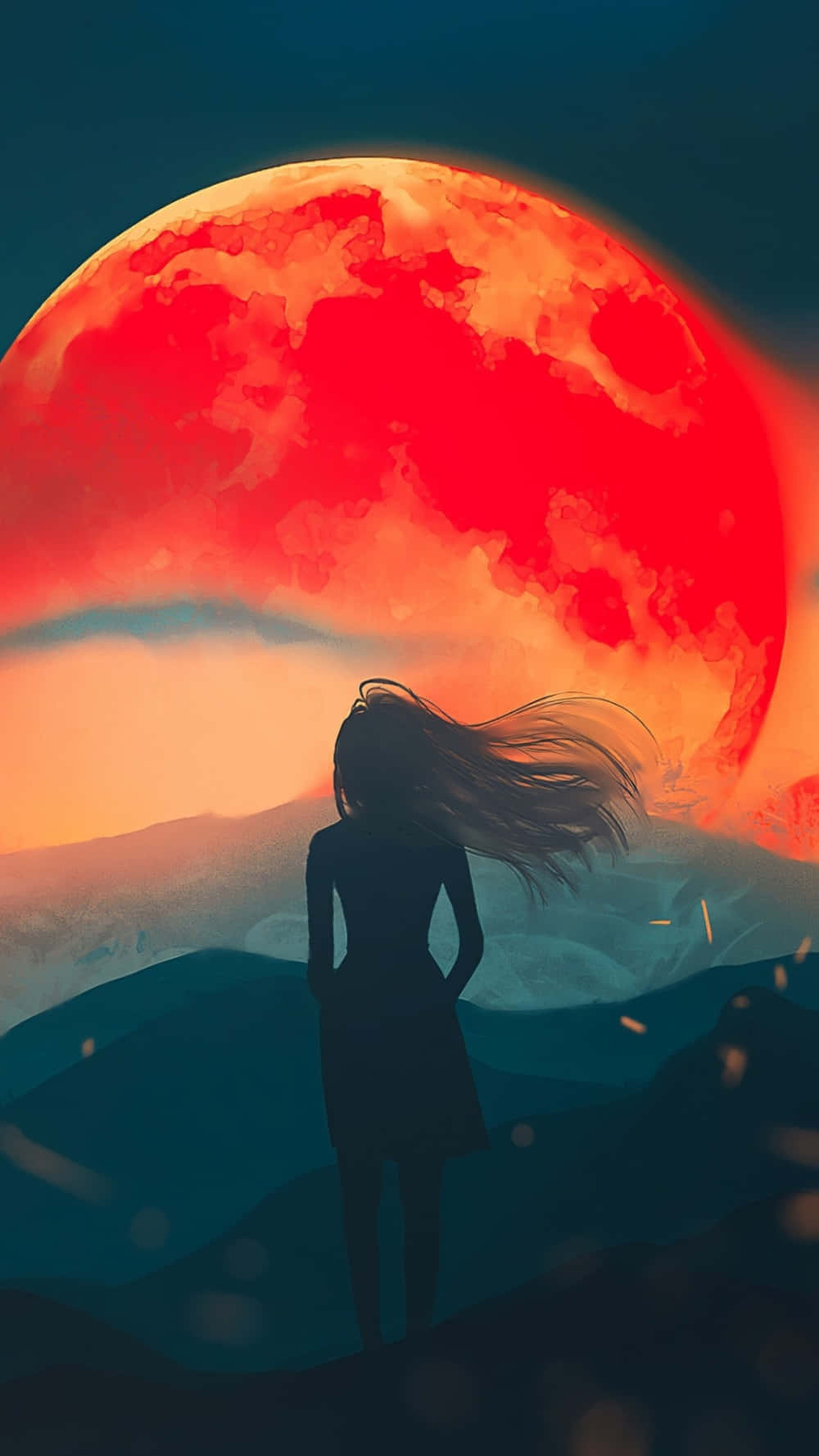 sunset painting, glowing red moon, warm light, HD Phone Wallpaper