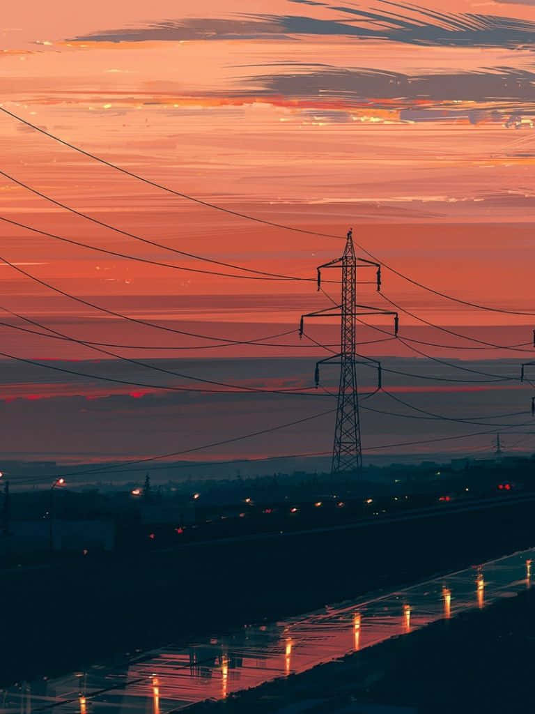 sunset painting, fiery orange sunset sky, wet pavement, SD Phone Wallpaper