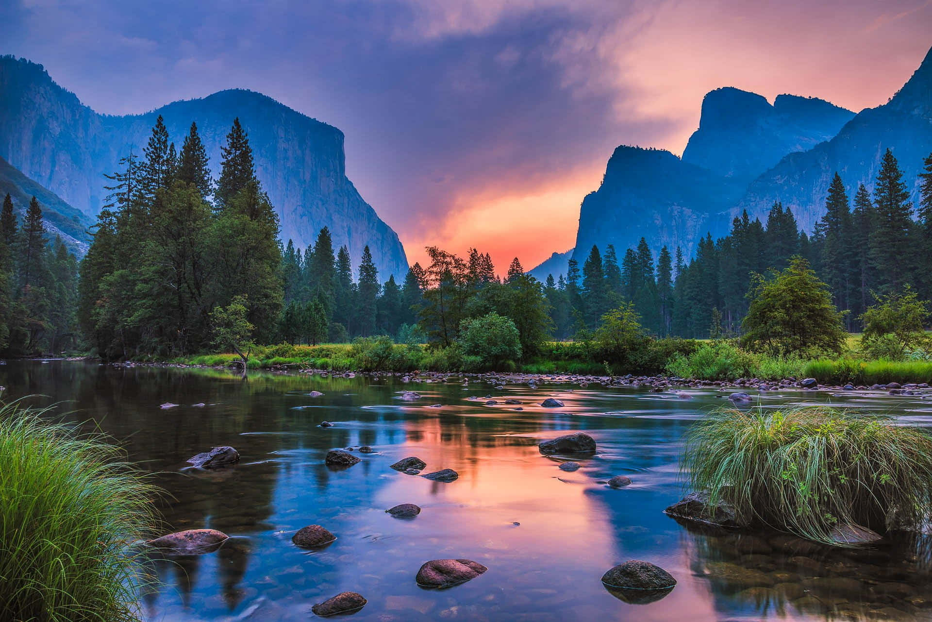 river, mountains, sunset, Full HD Desktop Wallpaper
