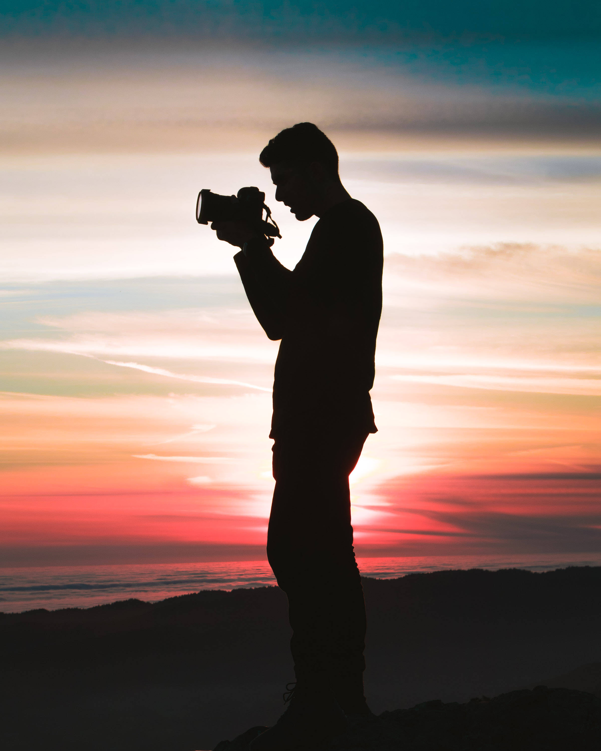 silhouette, photographer, sunset, 2K Phone Wallpaper