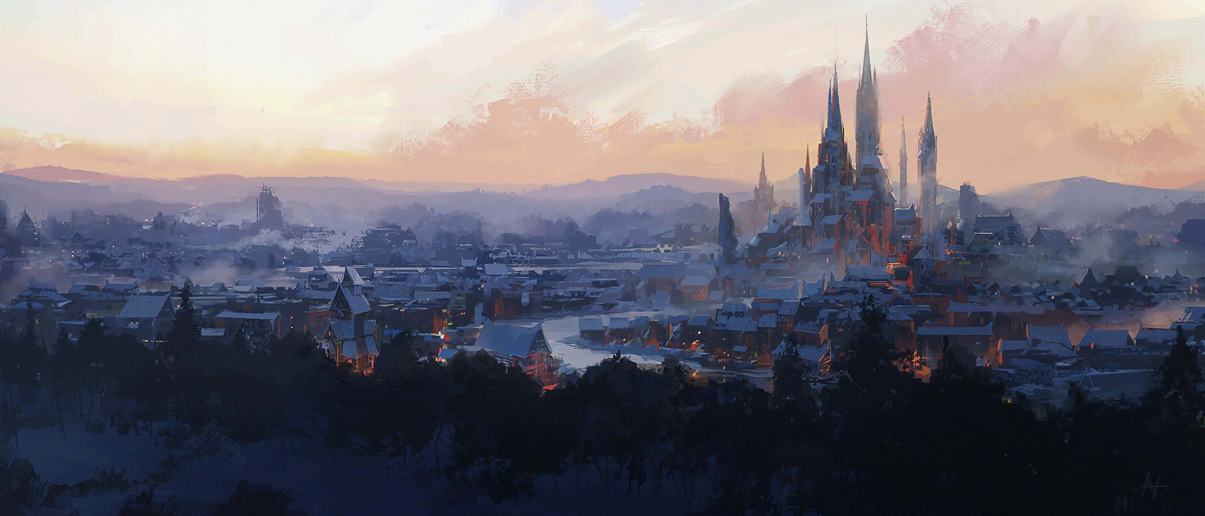city at sunset, snow-covered fantasy city, glowing windows, 4K Desktop Wallpaper