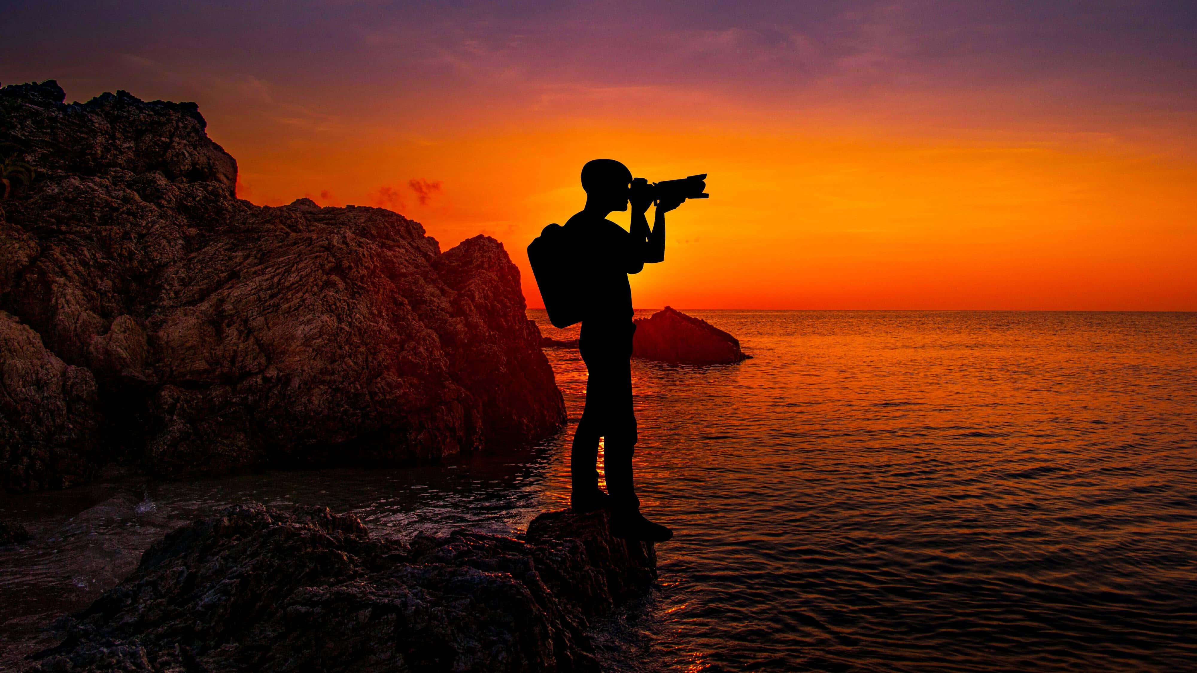 sunset photography, ocean, rocky shore, 4K Desktop Wallpaper