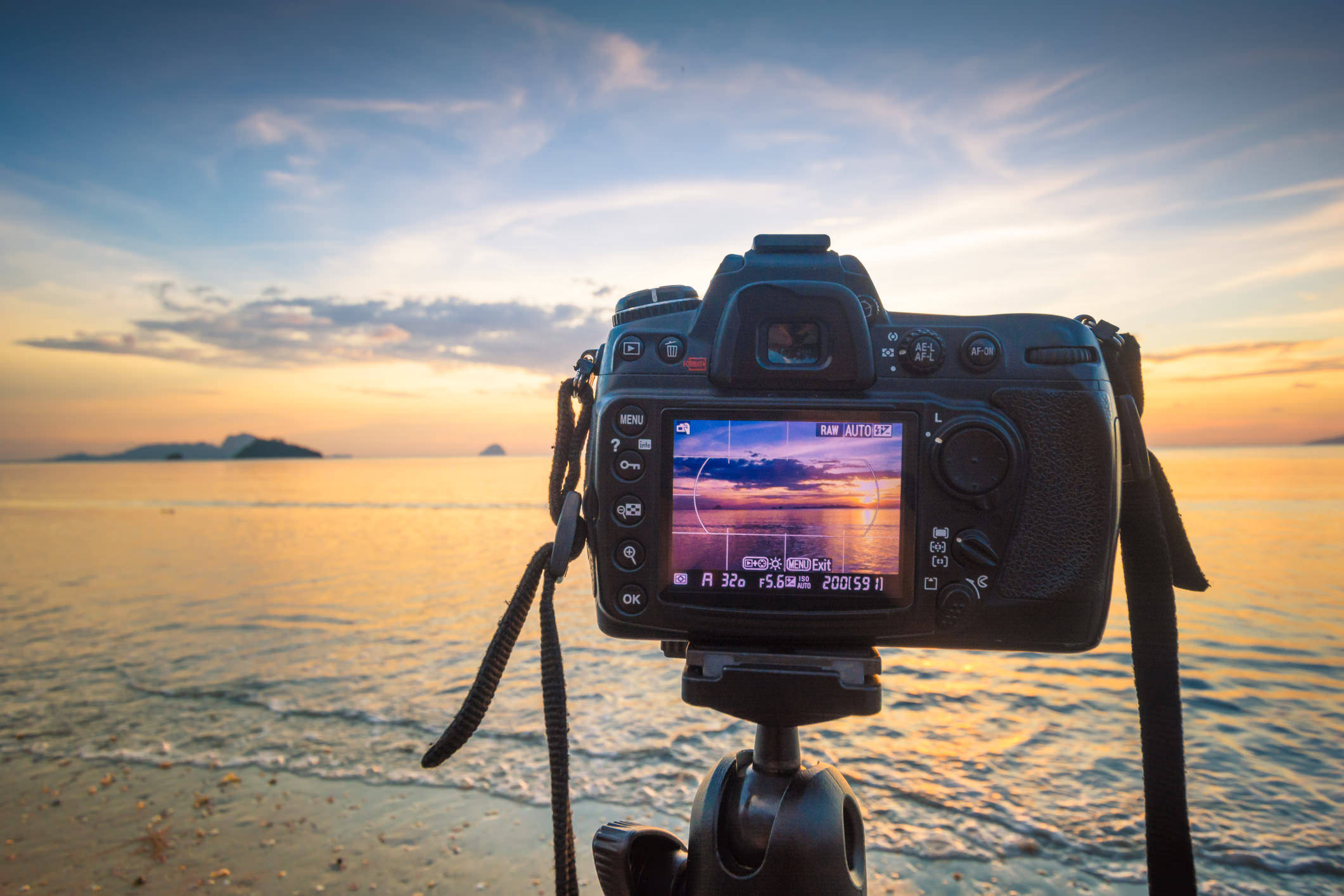 DSLR camera, tripod, sunset, Full HD Desktop Wallpaper