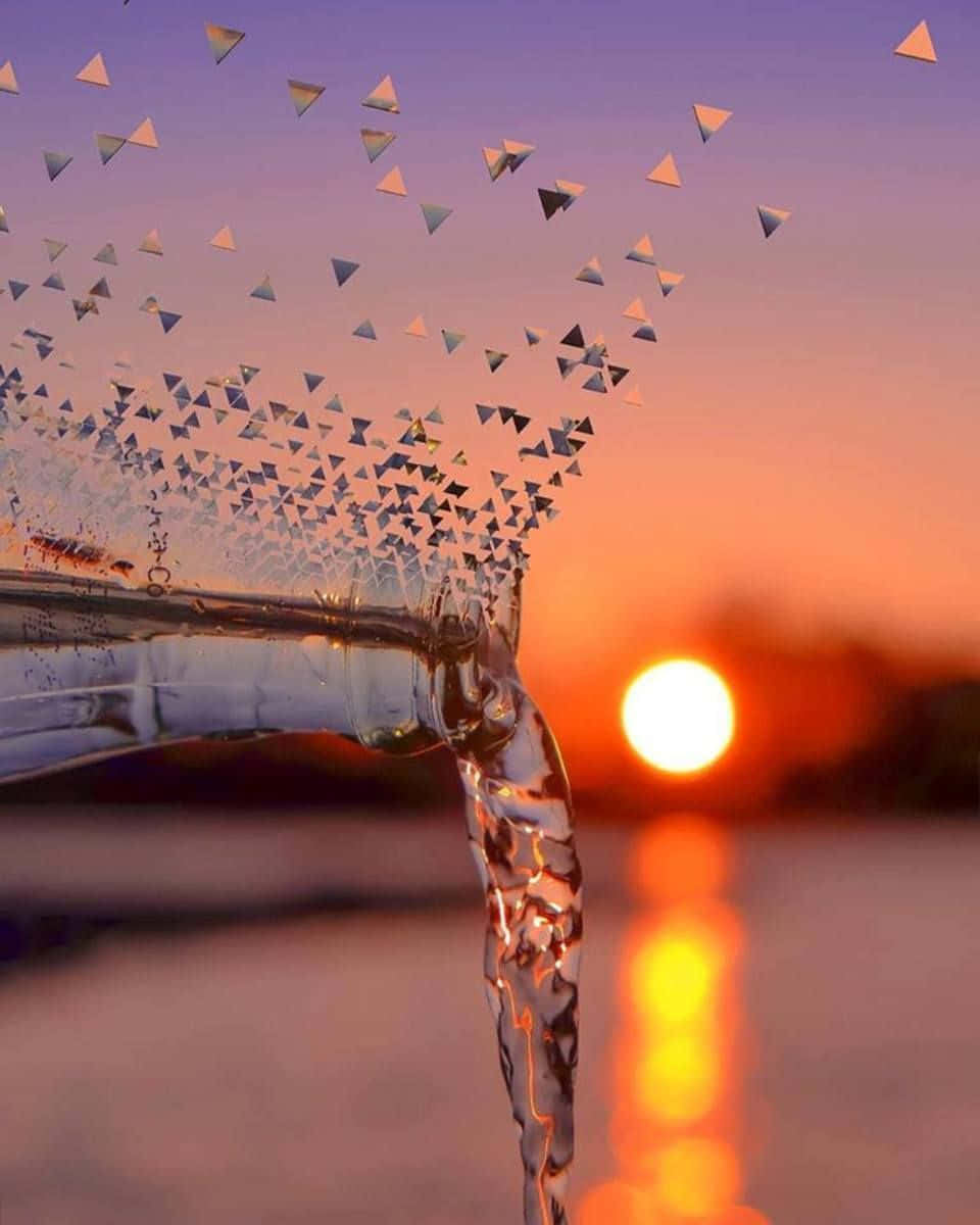 sunset sky, ocean, glass bottle, SD Phone Wallpaper