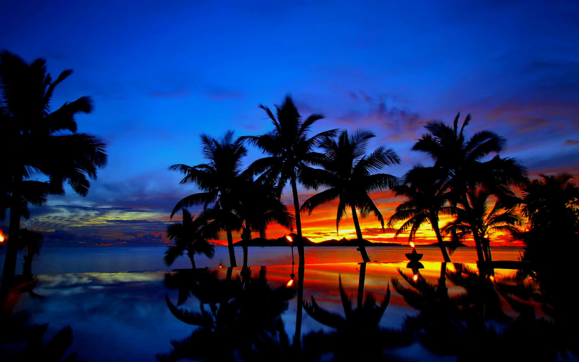 Tropical Sunset Reflection, palm trees, tranquil water, Full HD Desktop Wallpaper
