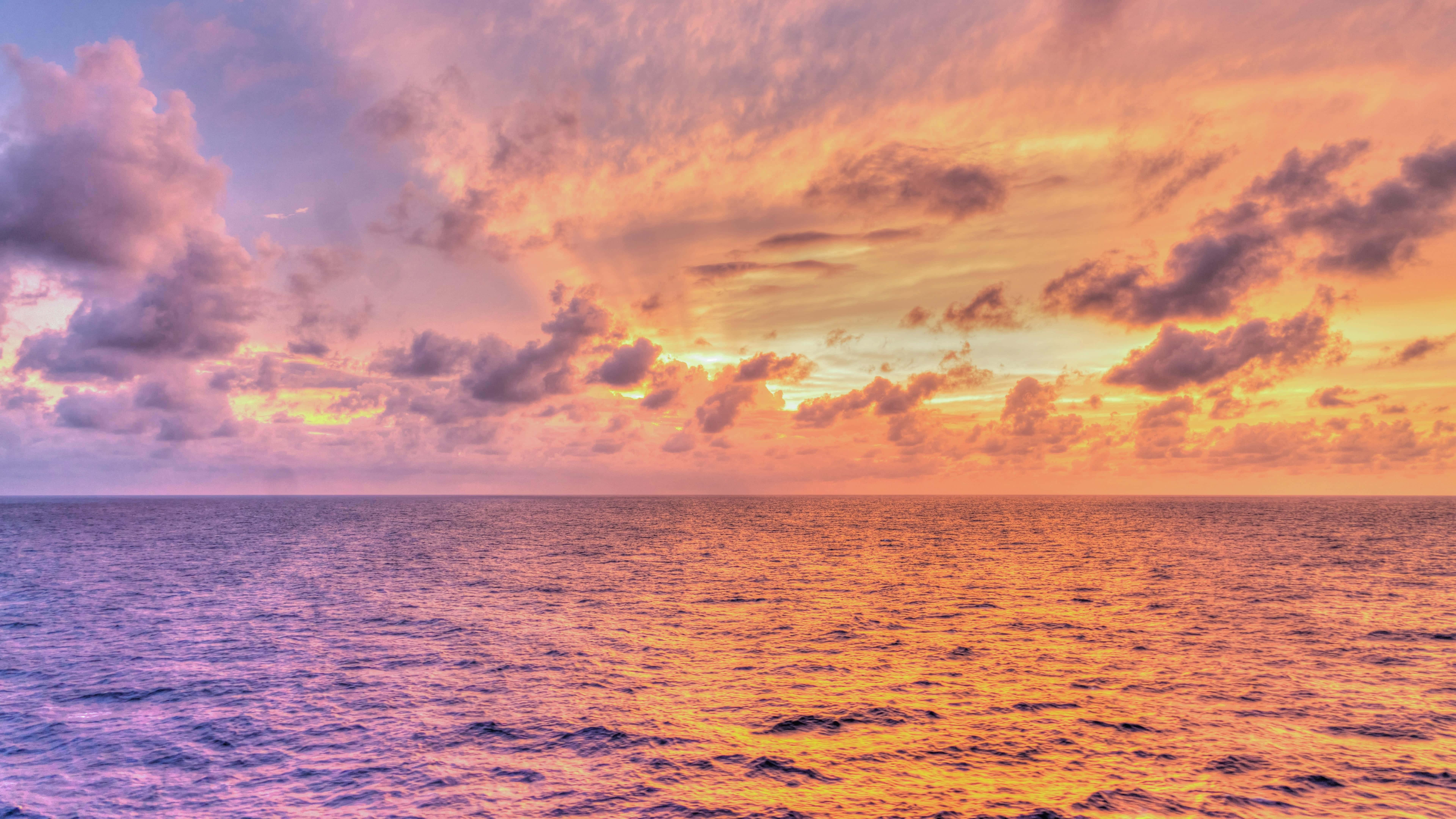 Sunset Reflection, ocean, fiery orange, 8K Desktop Wallpaper