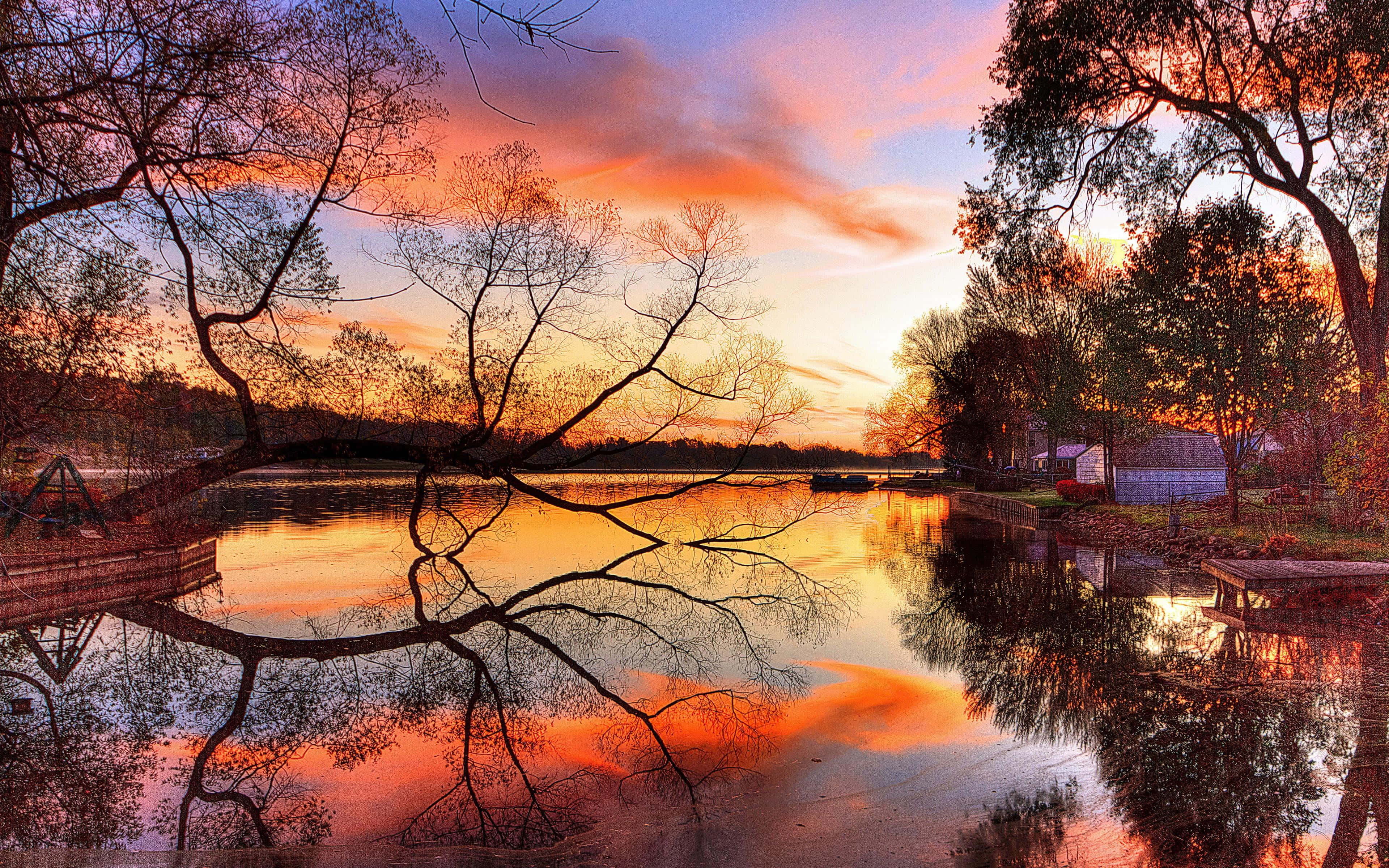 Sunset Reflection, calm lake, vibrant orange and pink skies, 4K Desktop Wallpaper