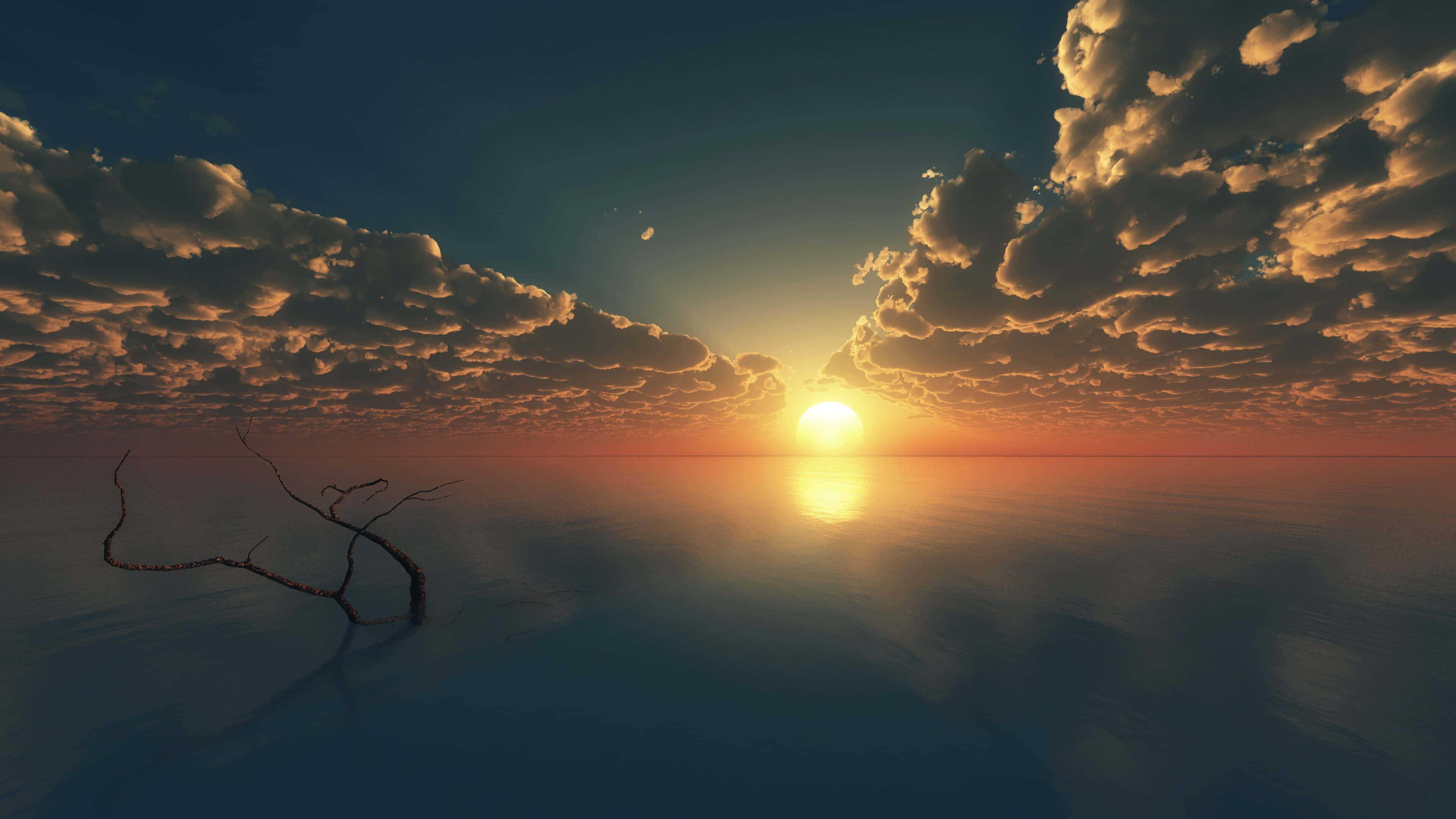 Sunset Reflection, golden clouds, calm water, 4K Desktop Wallpaper