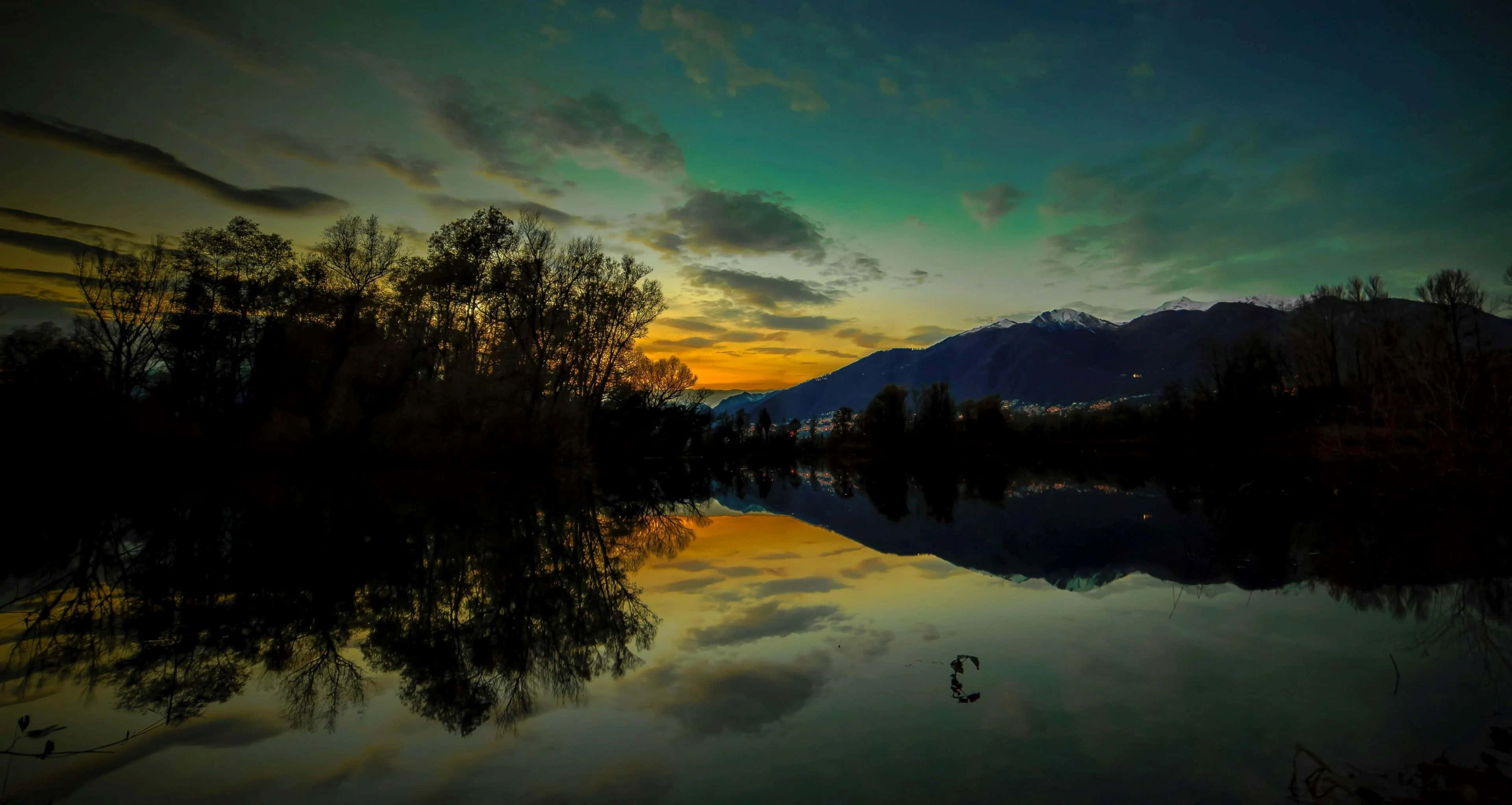 sunset reflection, calm lake, fiery orange clouds, 4K Desktop Wallpaper