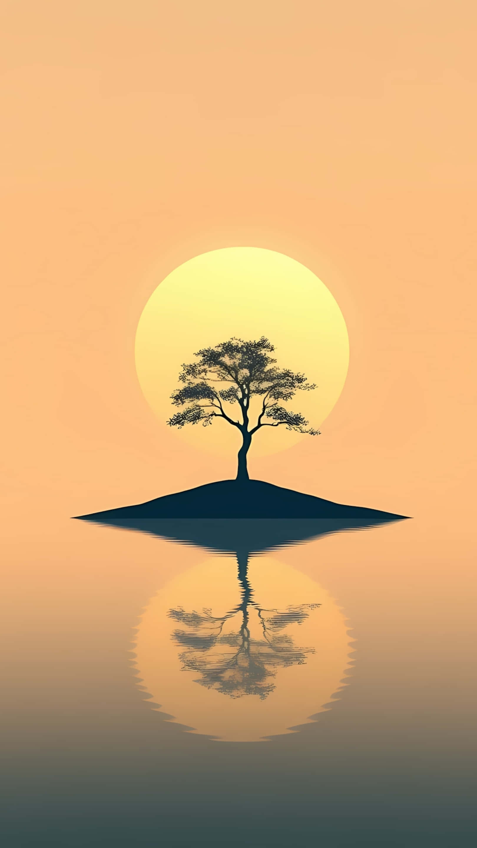 minimal tree silhouette, sunset reflection, calm water, 2K Phone Wallpaper