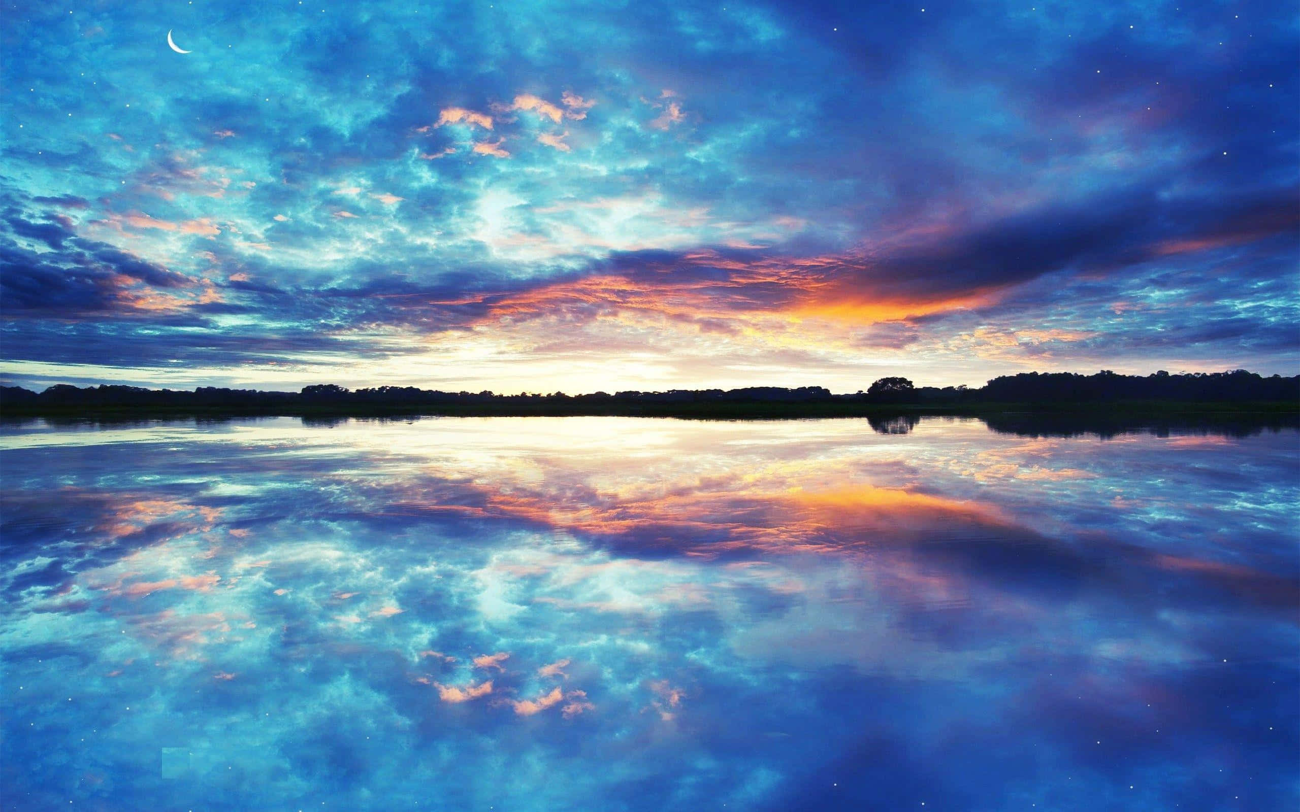 Sunset Reflection, crescent moon, calm lake, 2K Desktop Wallpaper