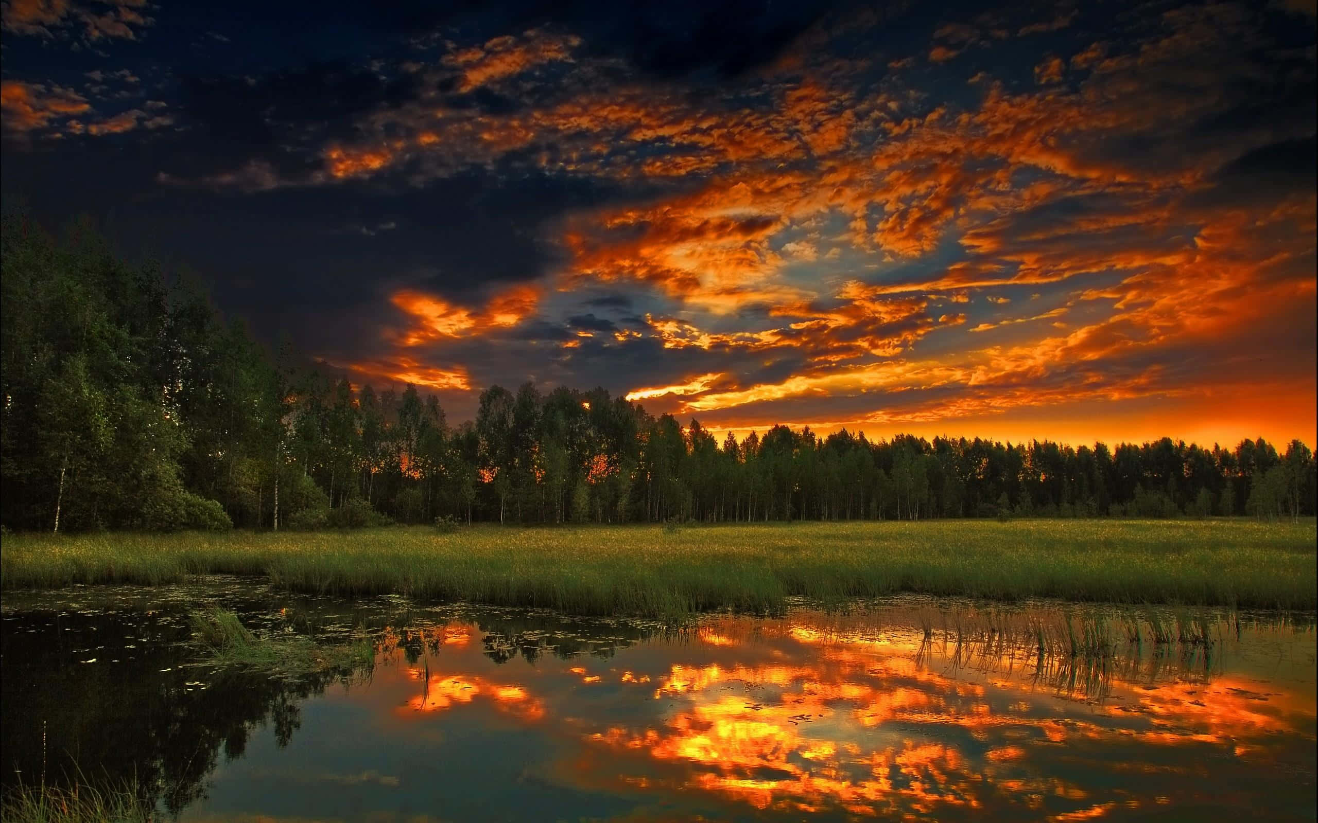 Sunset Reflection, calm lake, fiery sunset, 2K Desktop Wallpaper