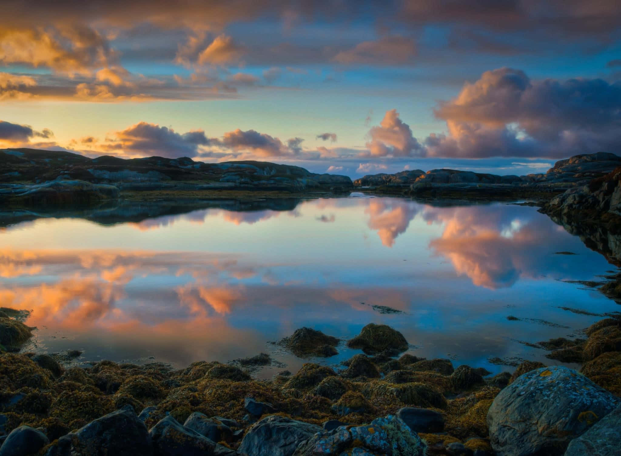 Sunset Reflection, twilight lake, fiery orange, Full HD Desktop Wallpaper