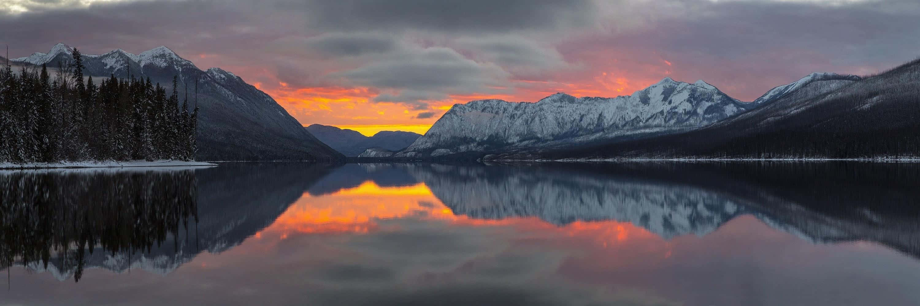 sunset reflection, snowcapped mountain range, calm lake, 2K Desktop Wallpaper