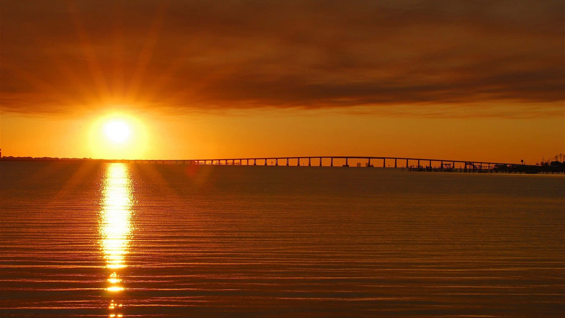 Sunset Reflection, calm lake, long bridge, Full HD Desktop Wallpaper
