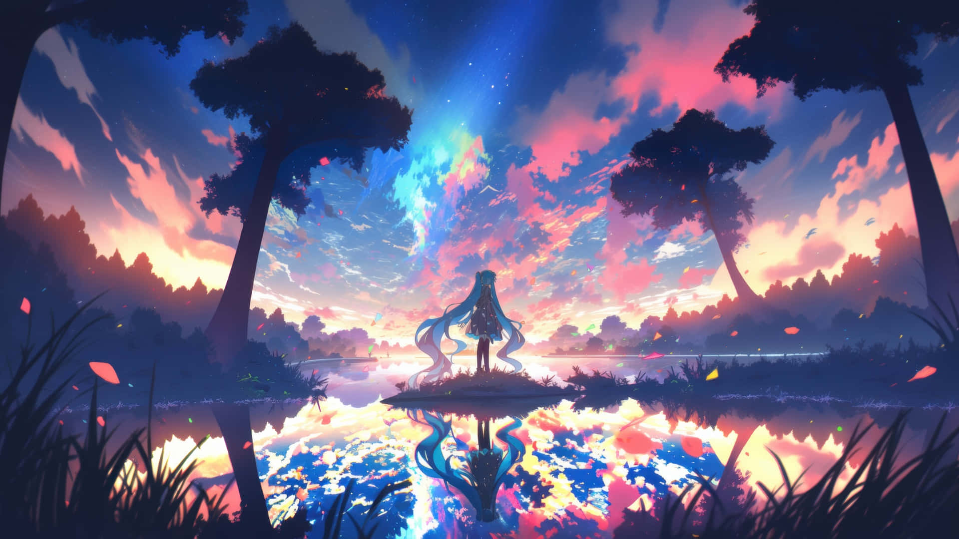 anime girl, long teal hair, small island, Full HD Desktop Wallpaper