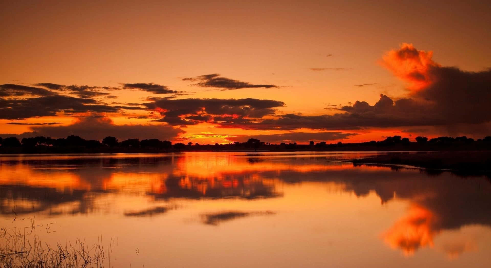 Golden Sunset Reflection Wallpaper, calm lake, fiery orange clouds, HD Desktop Wallpaper