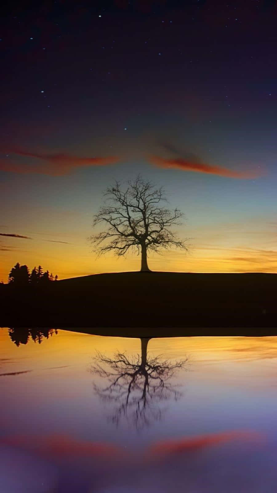 sunset reflection, calm water, starry twilight sky, HD Phone Wallpaper