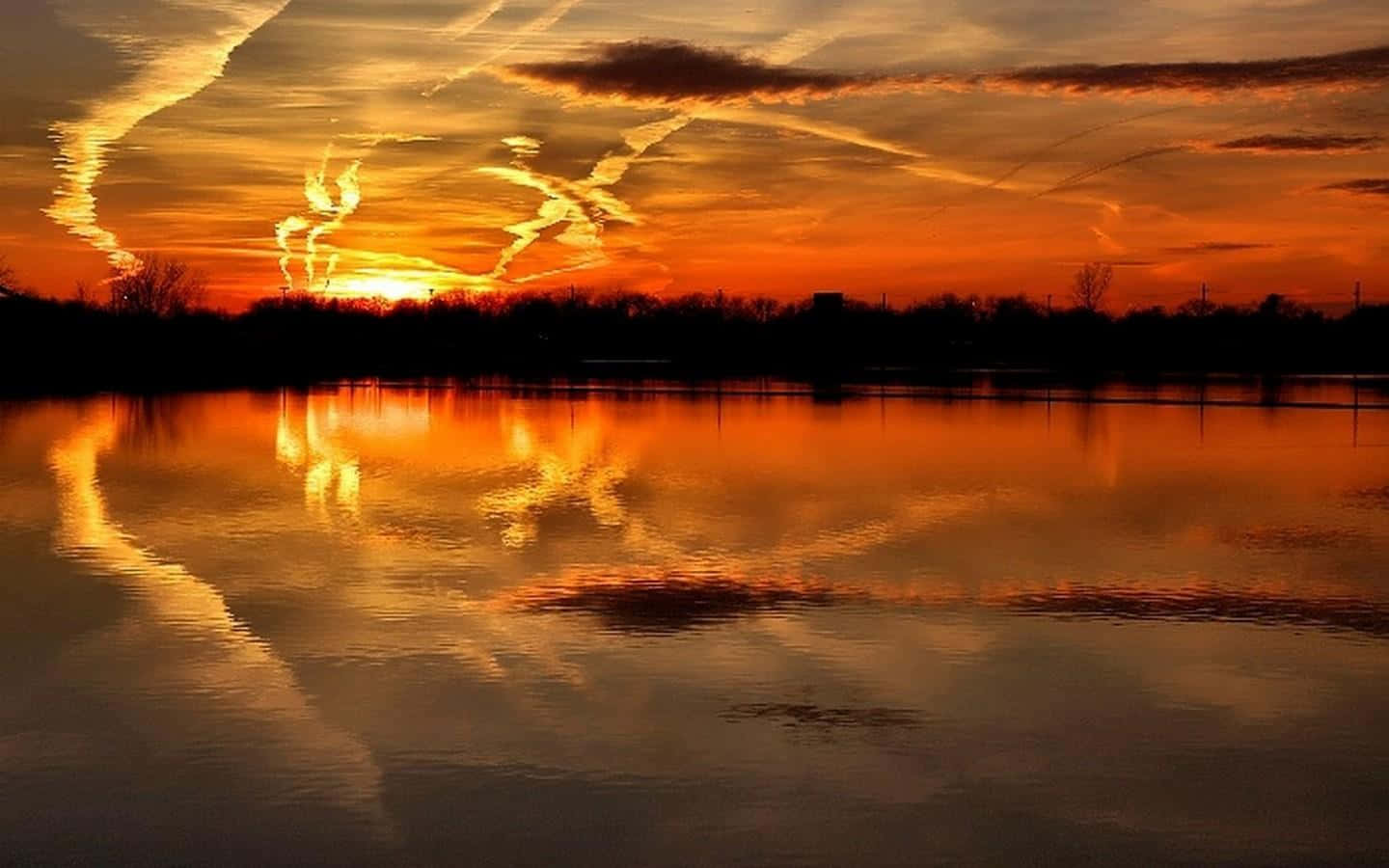 Sunset Reflection, calm lake, fiery sunset, HD Desktop Wallpaper