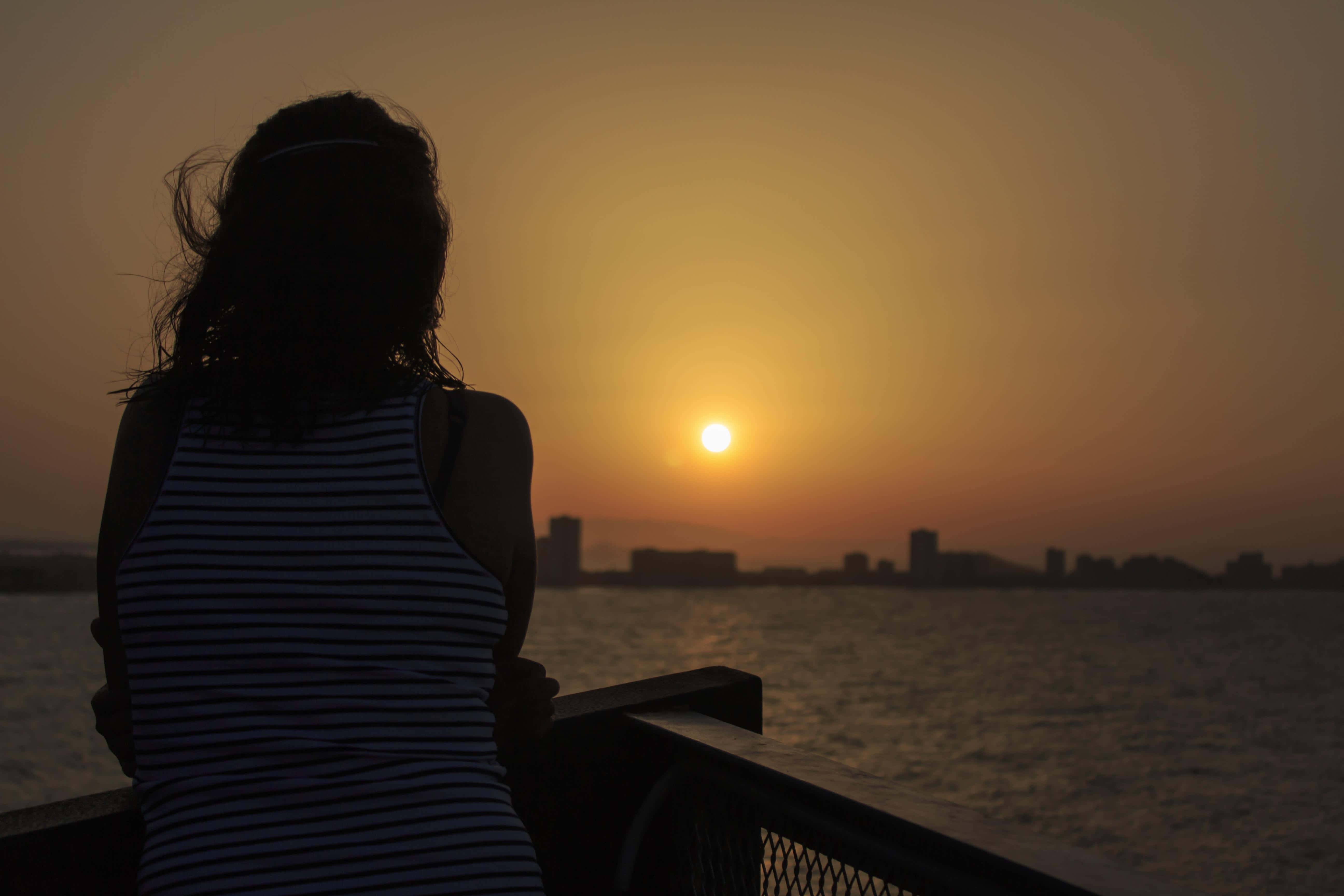 Sunset Silhouette, striped top, glowing sunset, 5K Desktop Wallpaper