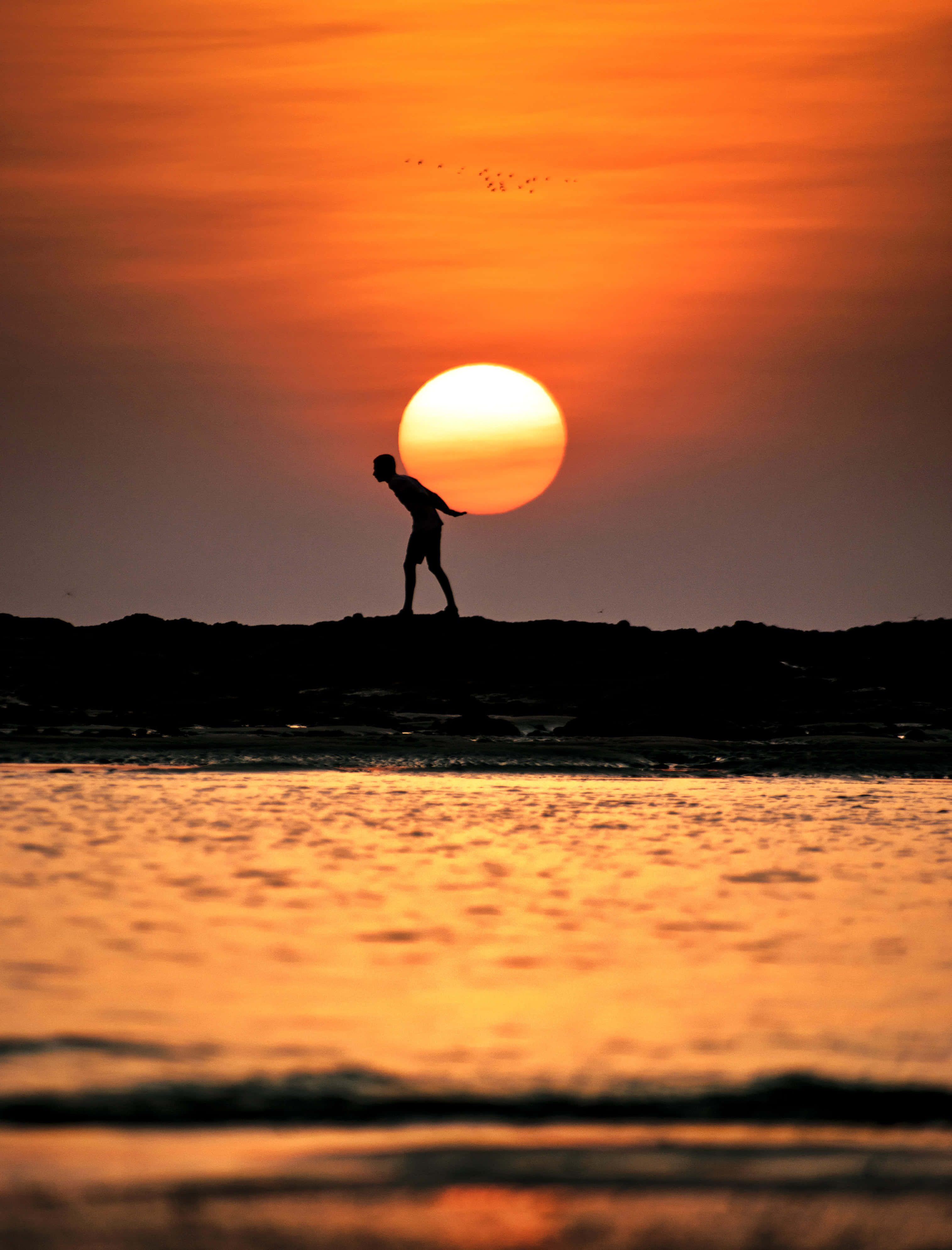 Sunset Silhouette, rocky shore, sunset, 4K Phone Wallpaper