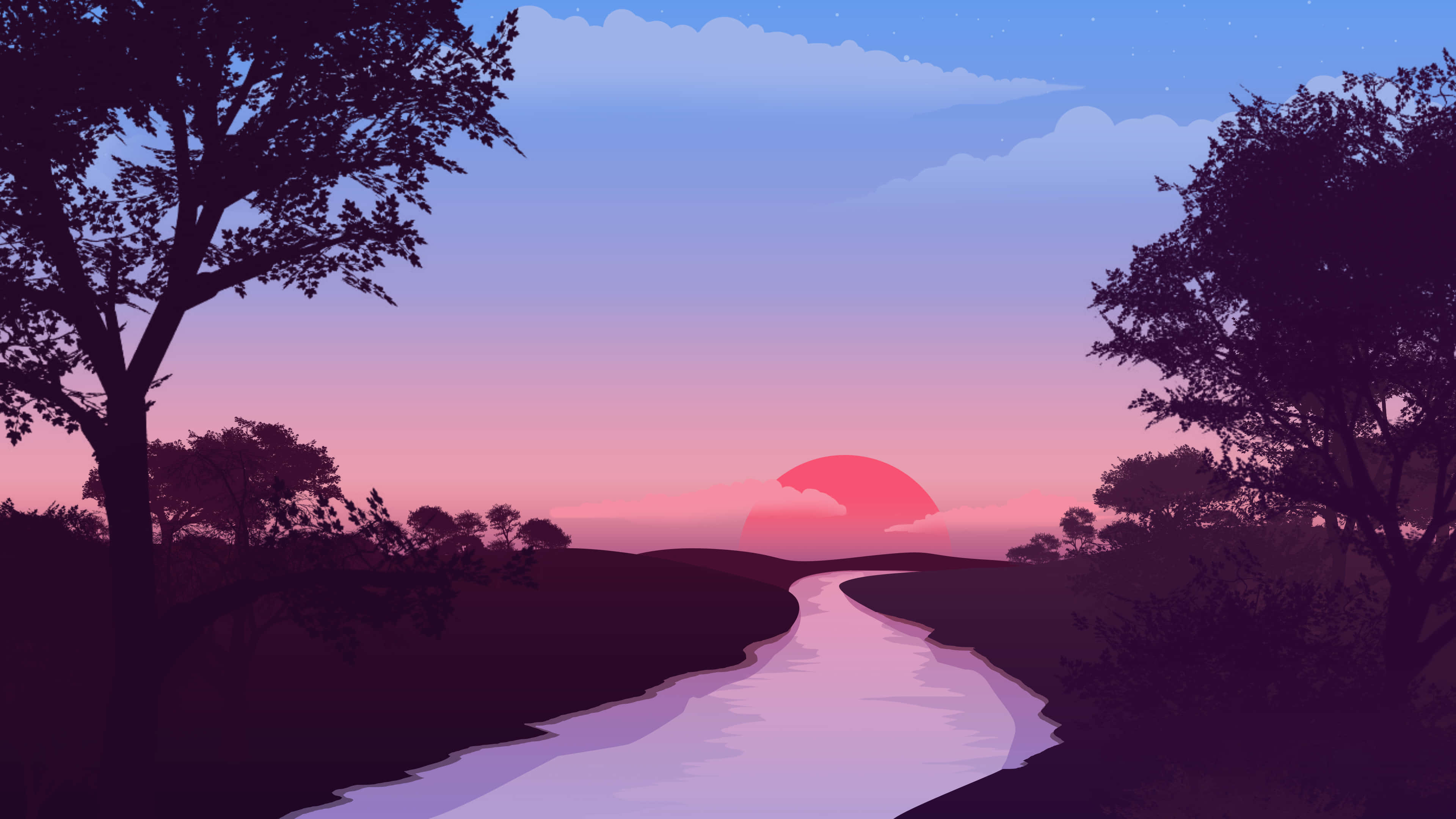 Sunset River Silhouette, twilight forest, glowing red sun, 4K Desktop Wallpaper