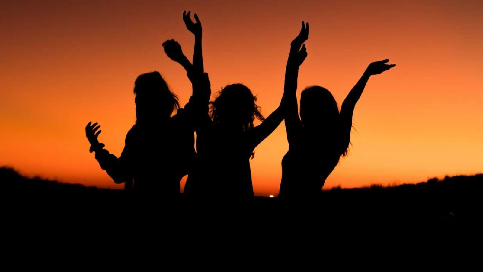 Sunset Silhouette, fiery orange sunset sky, three joyful silhouettes, HD Desktop Wallpaper
