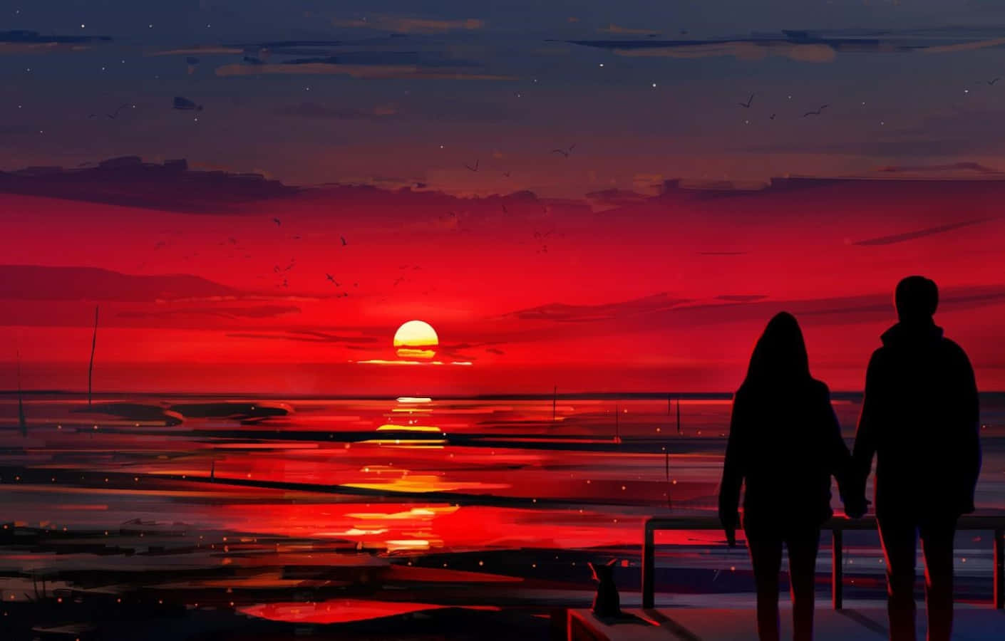 Sunset Silhouette, fiery red sunset, pier, HD Desktop Wallpaper
